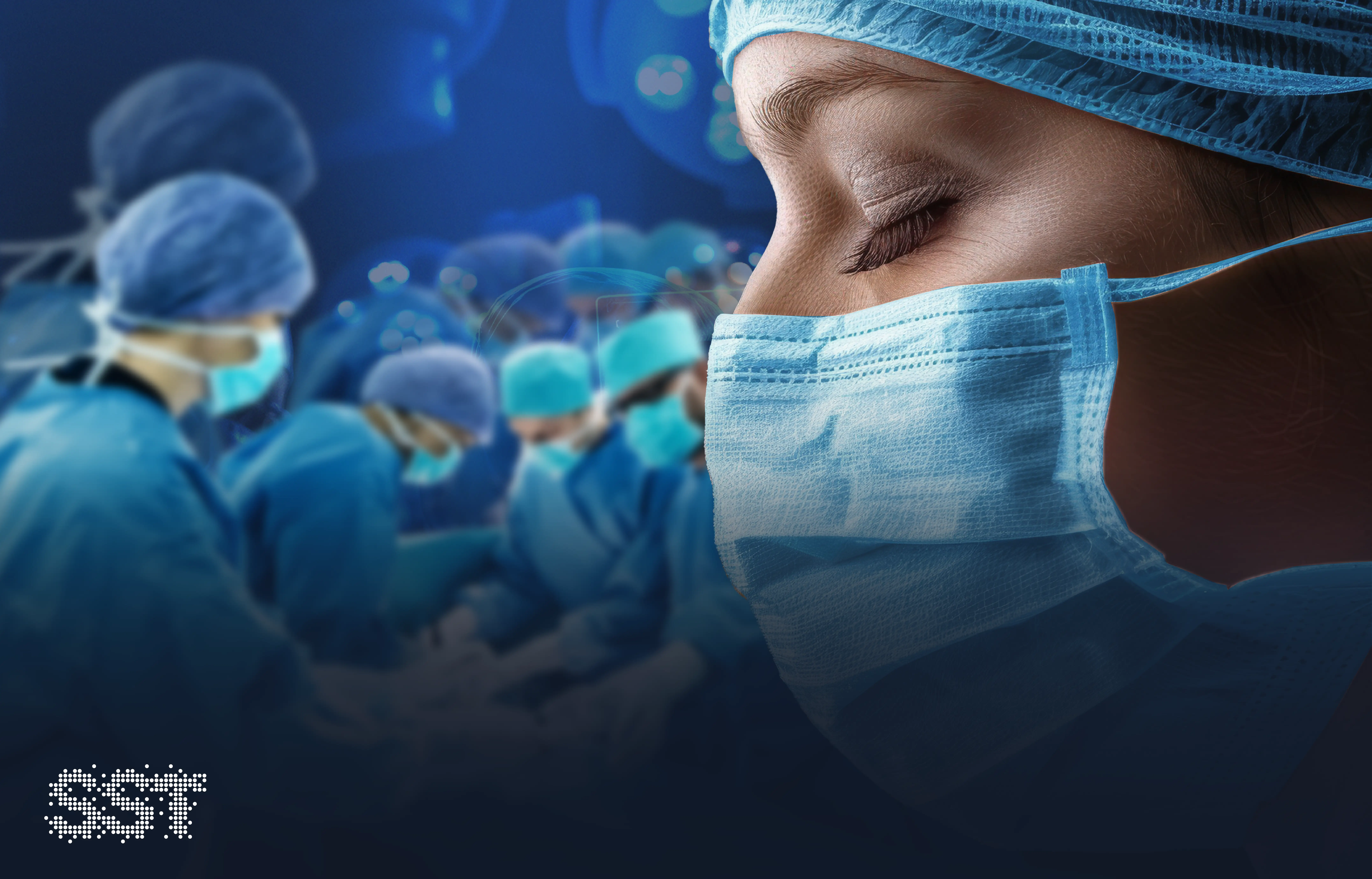 Female nurse standing at front of OR with eyes closed, appearing stressed.