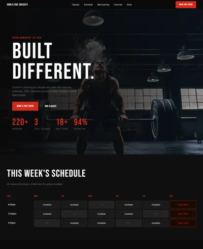 Pure black and signal red CrossFit website with Bebas Neue headline and count-up stats