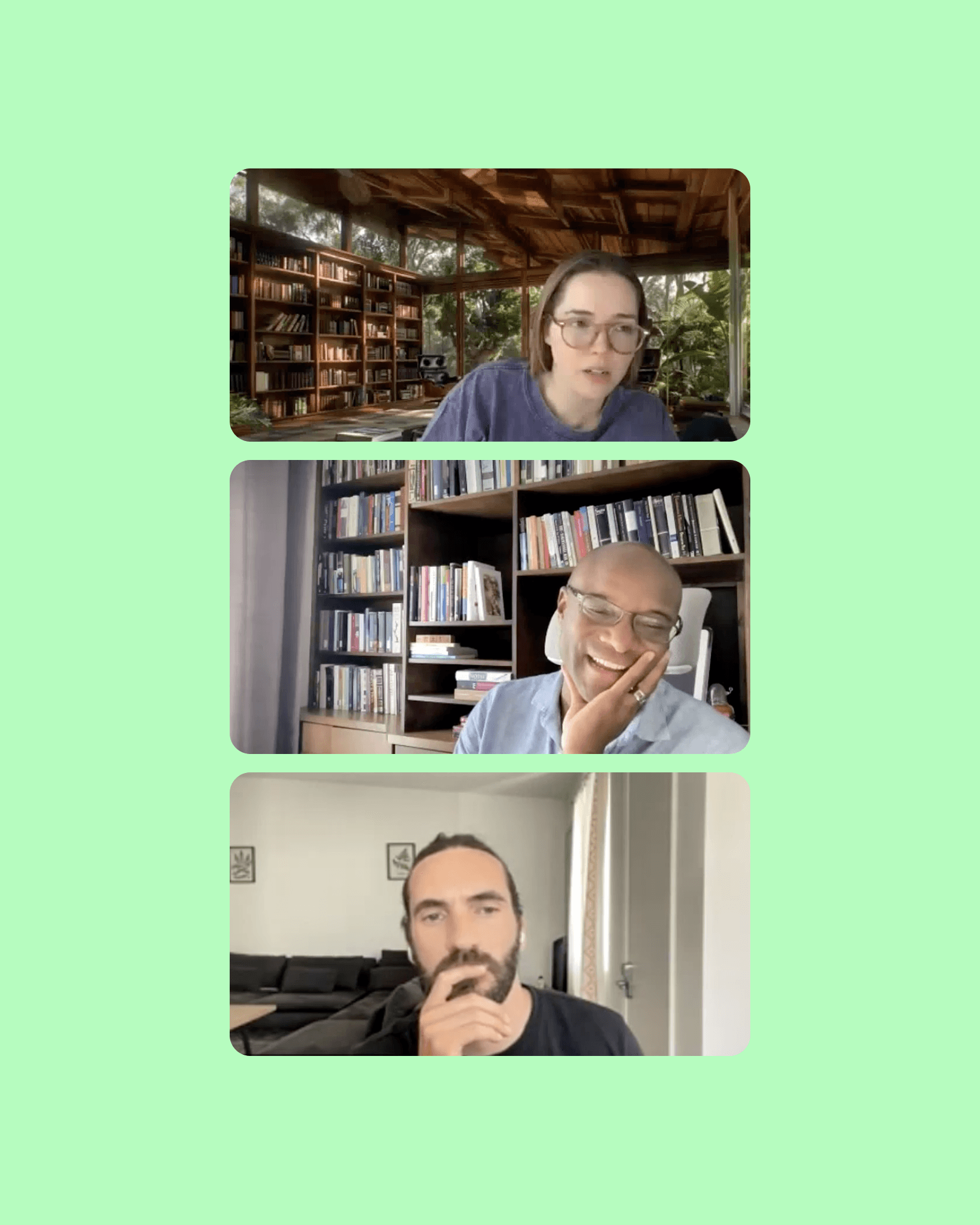 Three stacked video call screenshots show collaborators discussing findings from Articulate's first brand perception research.
