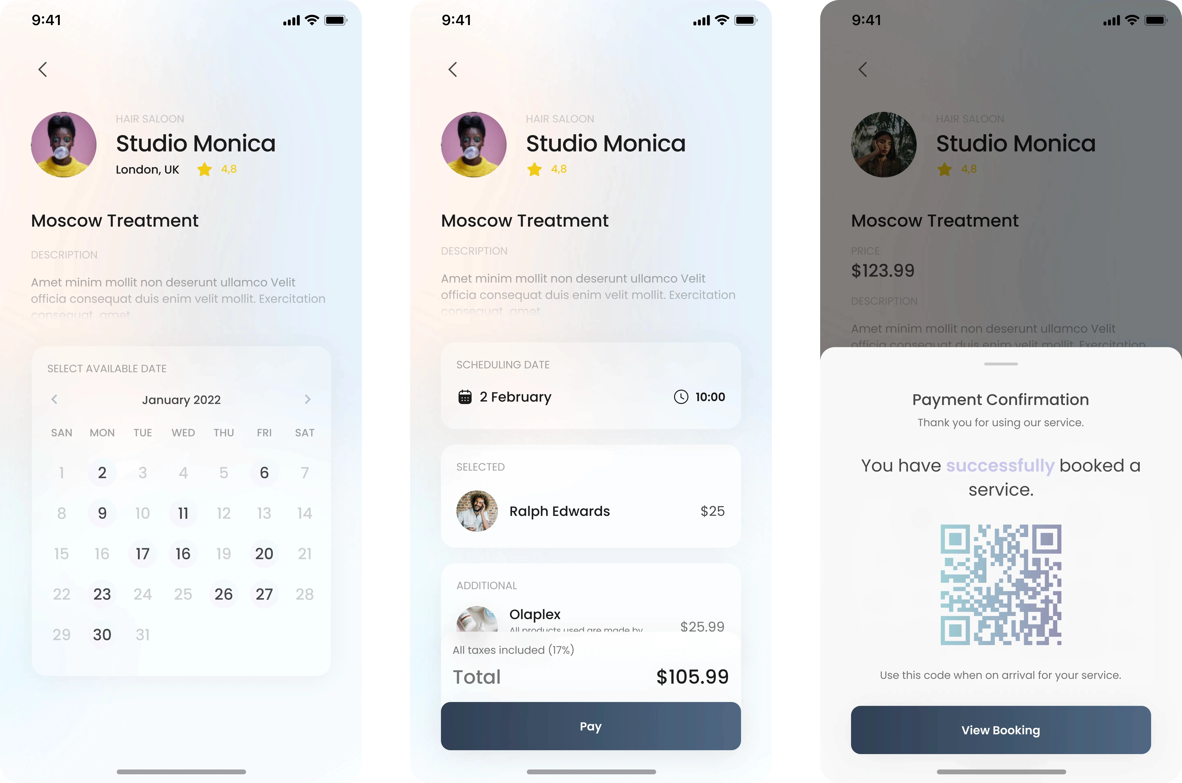 Three-screen booking flow from the redesigned Xwell mobile app, showing the full appointment scheduling process for a treatment at Studio Monica. The first screen presents an available dates calendar for January 2022. The second screen displays the selected date and time, assigned stylist, optional add-ons and the final price summary with a Pay button. The third screen shows a payment confirmation modal with a scannable QR code and a message stating the service was successfully booked. Clean, soft UI highlights Xwell’s seamless and modern experience for discovering, scheduling and confirming beauty and wellness appointments.