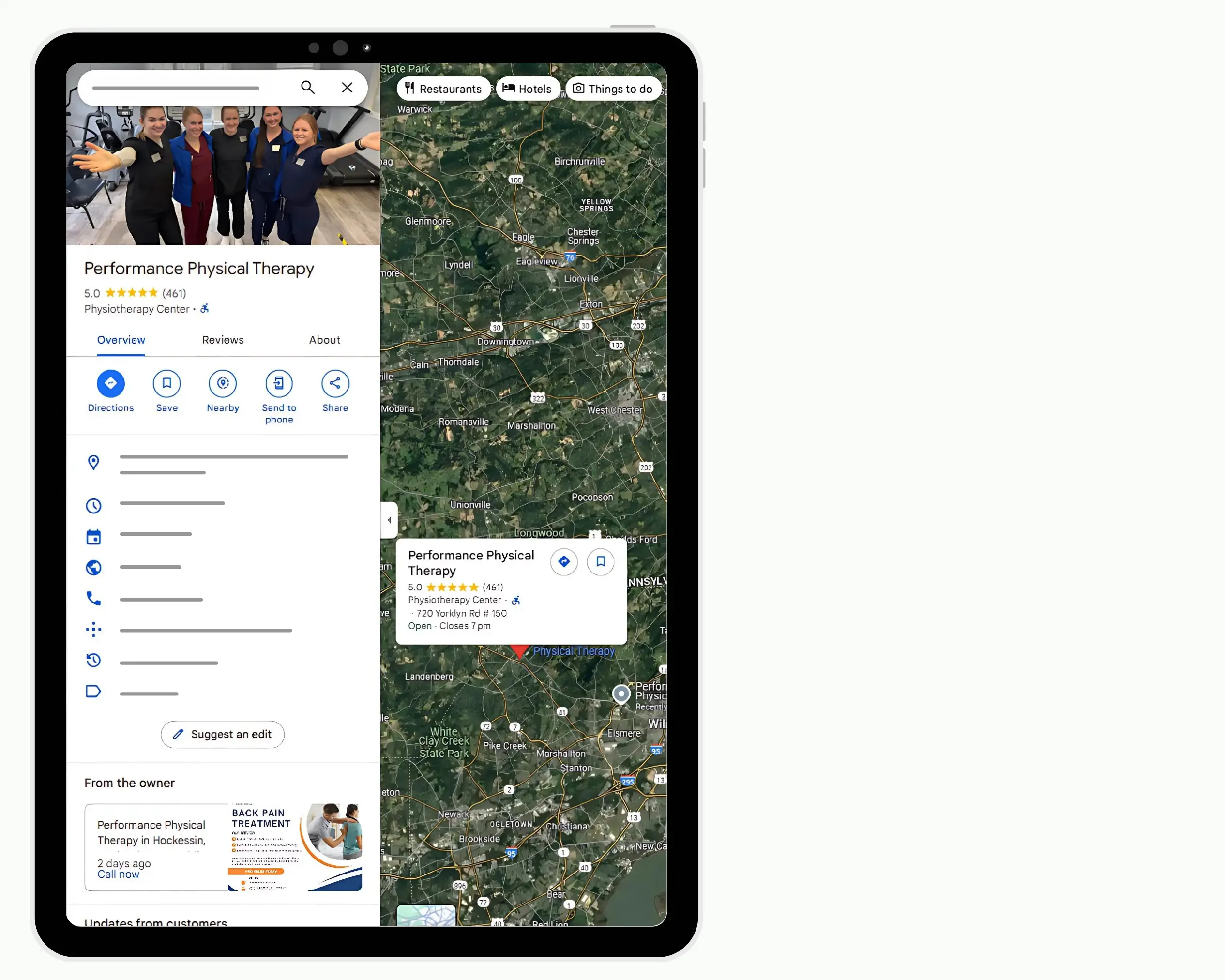 Performance Physical Therapy Google Maps business listing.