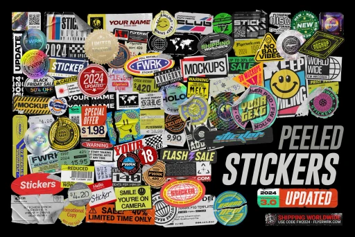 Large collection of Peeled Sticker 3.0 mockups featuring various shapes, colors, and holographic textures