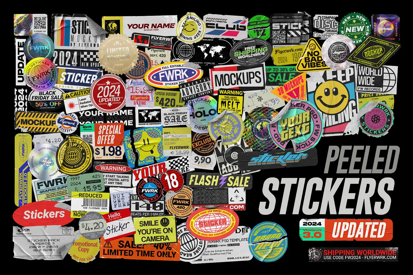 Large collection of Peeled Sticker 3.0 mockups featuring various shapes, colors, and holographic textures