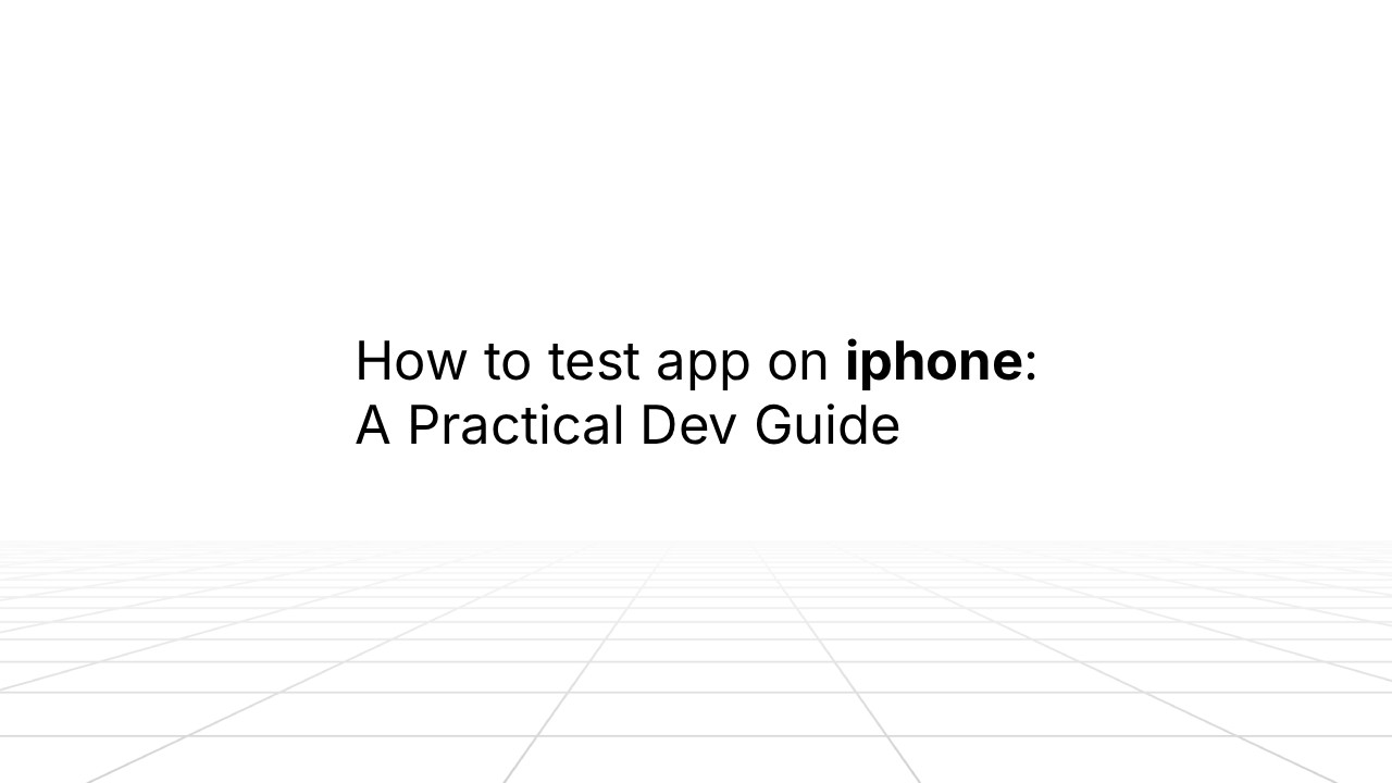 Slide with the title ‘How to test app on iPhone: A Practical Dev Guide’ centered on a white background with faint grid lines extending toward the horizon.