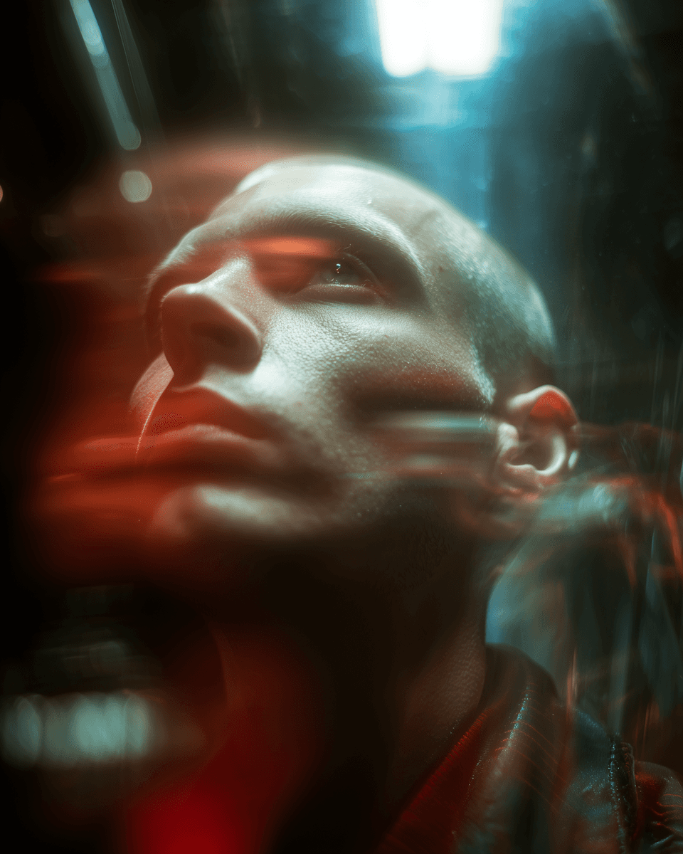 Close-up portrait of a person looking upward, illuminated by moody red and blue lighting with motion blur effects creating a cinematic, futuristic atmosphere.”