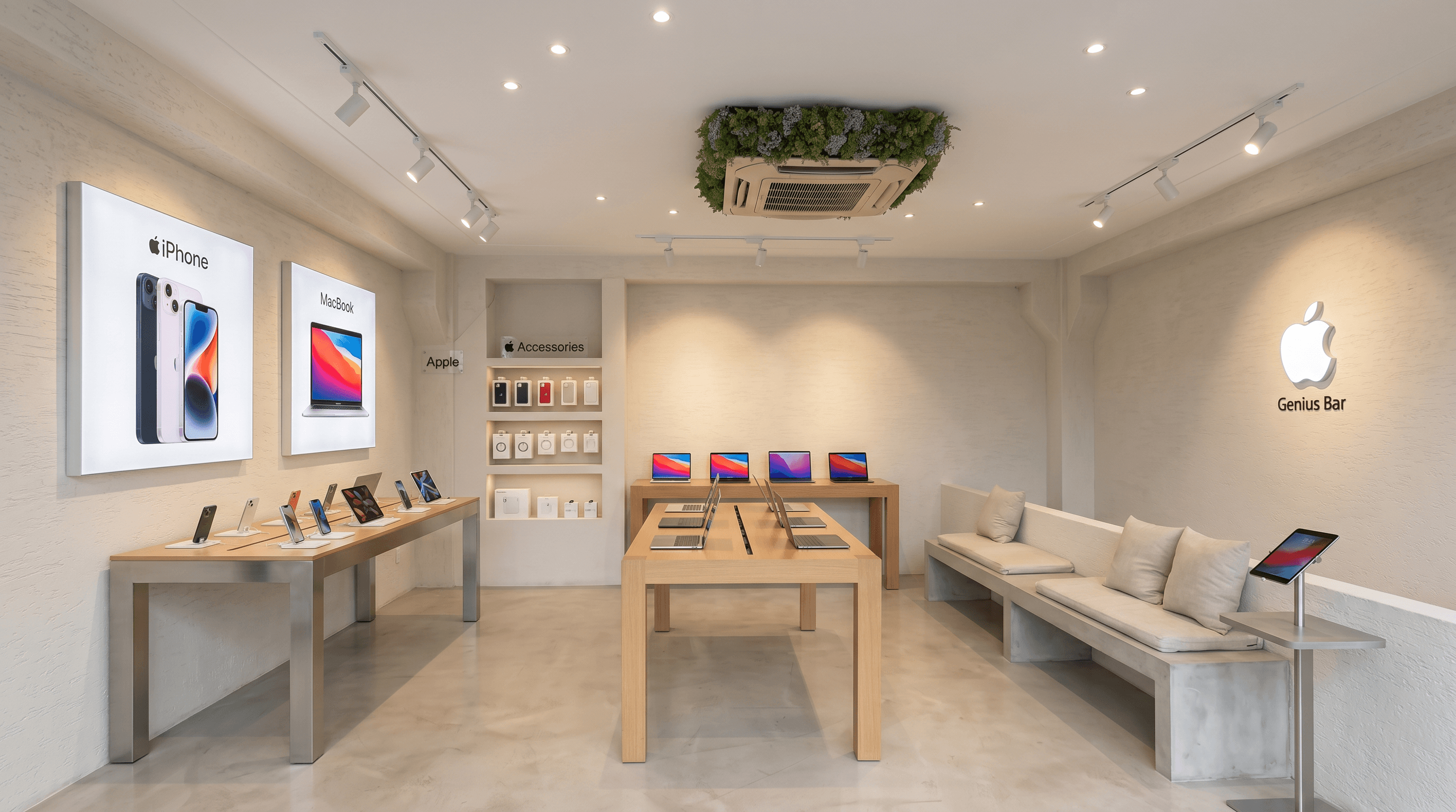 Interior view of “Grand Galleria” showroom by Rankawat Group on Ajmer Jaipur Highway, featuring a modern retail space with minimalist design, neutral-toned clothing displays, mannequins, ambient lighting, and elegant seating area.