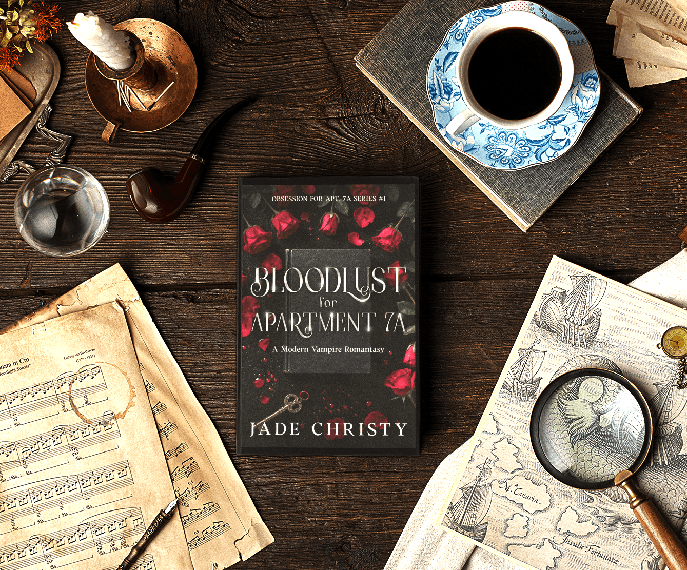 Cover of "Bloodlust for Apartment 7A" by Jade Christy, featuring dark, atmospheric imagery with hints of vampire romance and mystery.