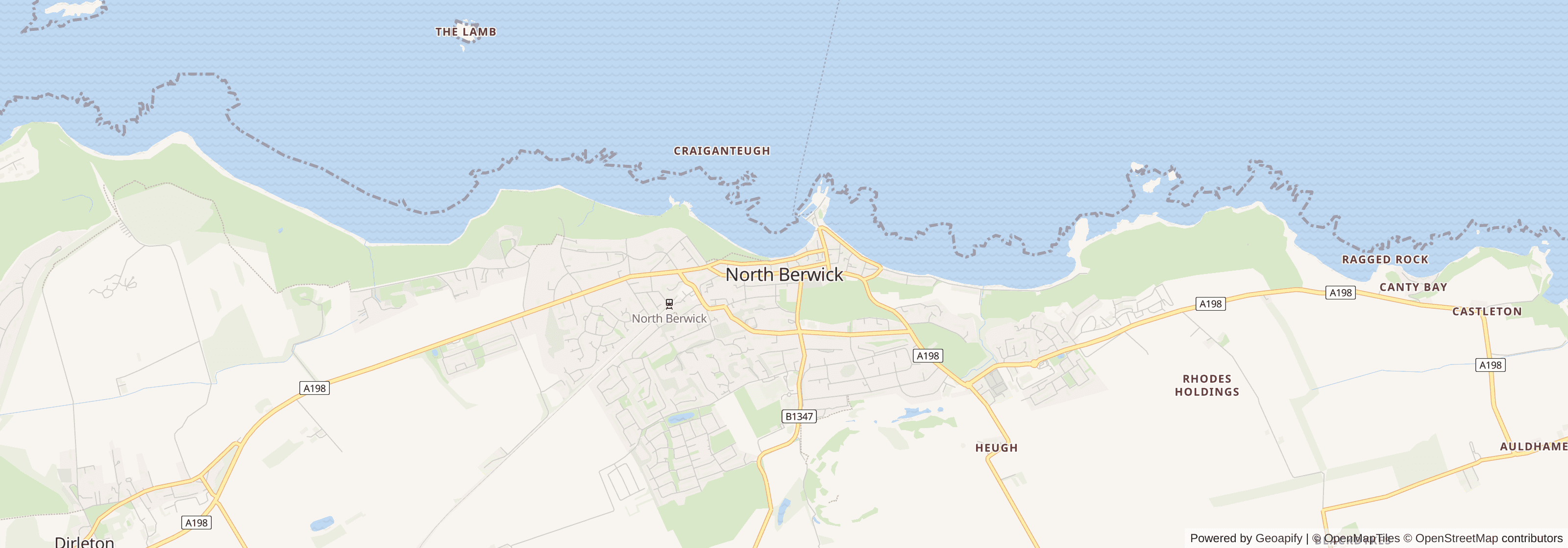 Street map of North Berwick, East Lothian showing main roads and nearby areas