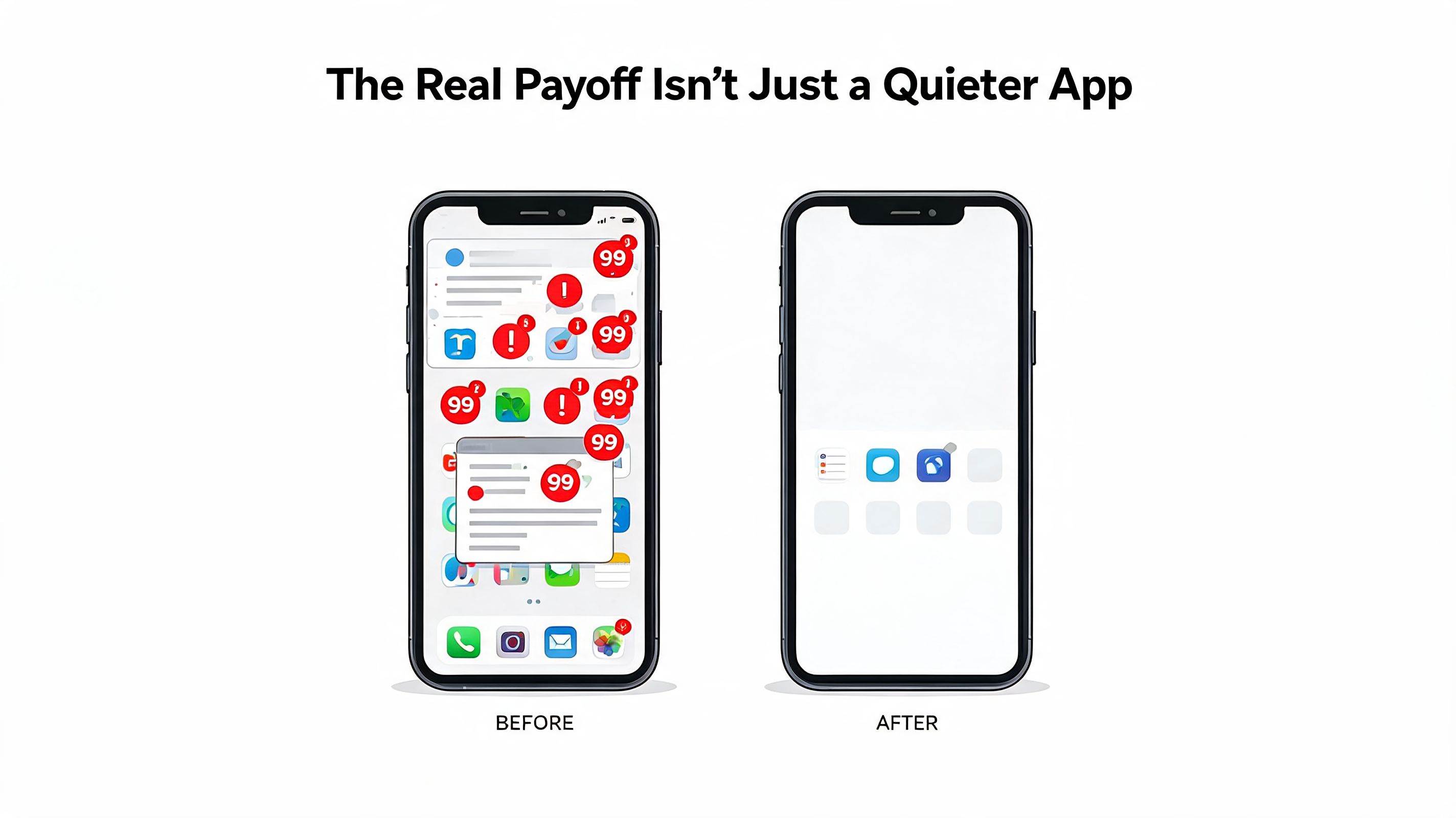 Comparison showing a chaotic phone screen with many notifications versus a clean, organized screen after using an app.