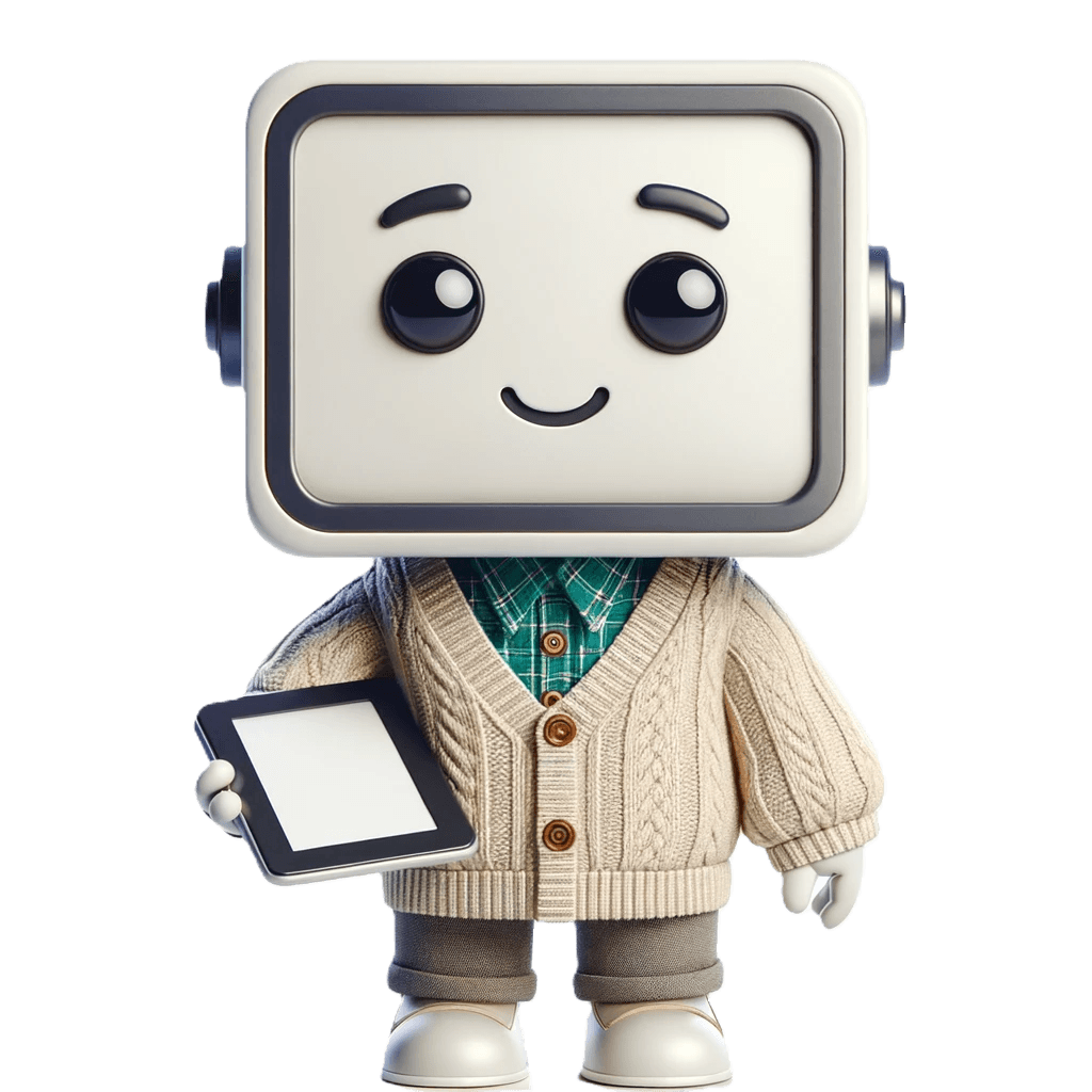 Automation robot wearing nice clothes and holding an ipad. Mascot for the website.