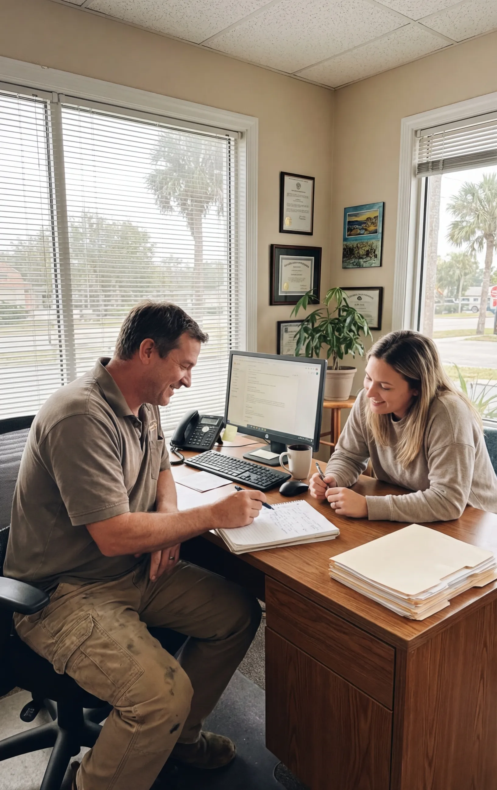 Man and woman in office discussing at desk, RockN' Socials Digital Marketing Agency.
