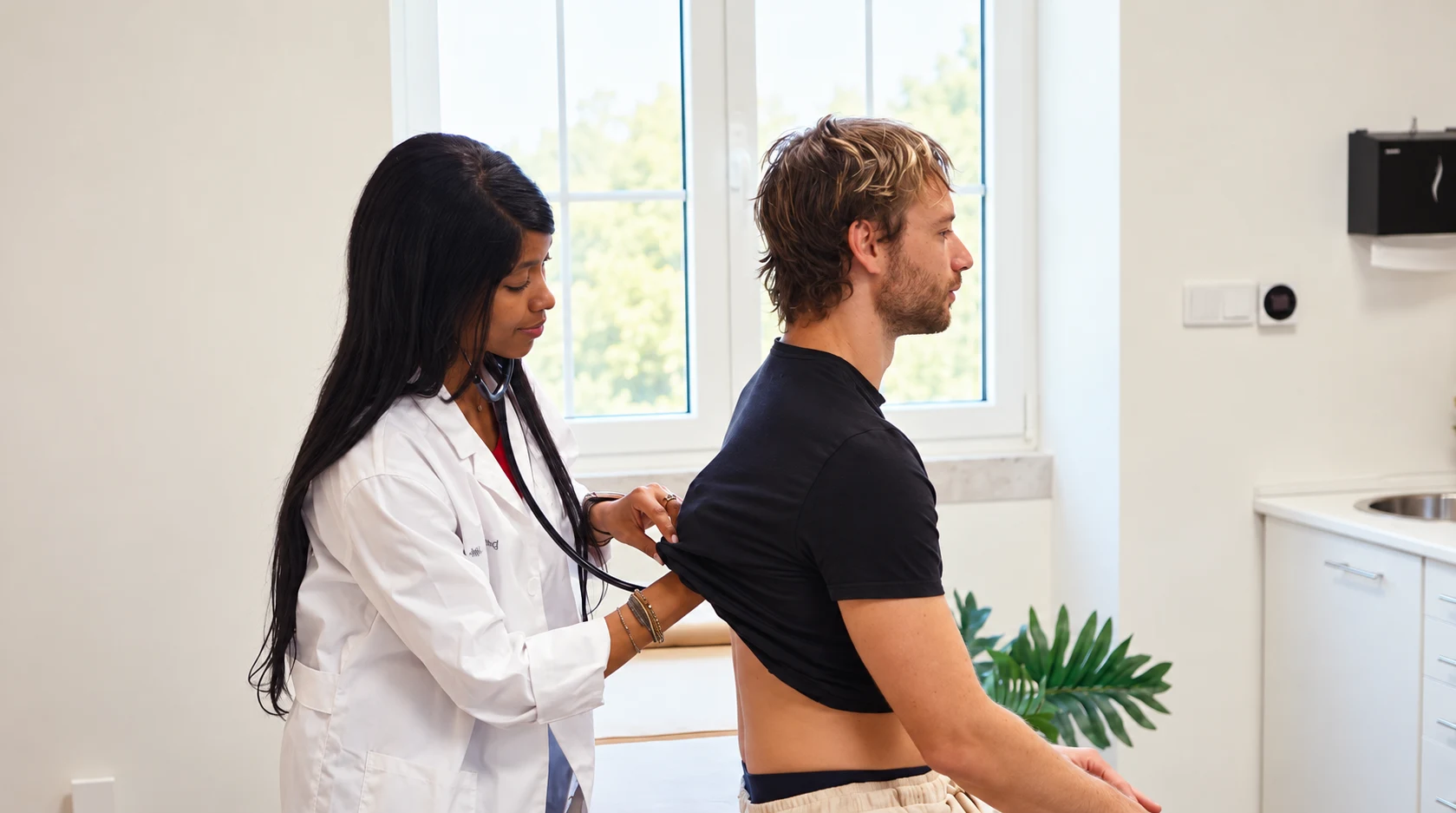 A TejoMed doctor listening to a member’s back during a clinical examination