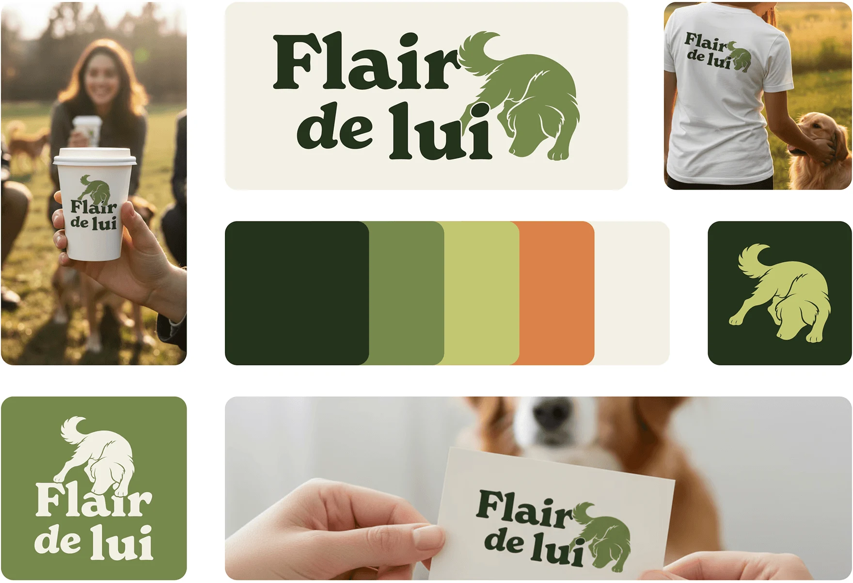 Identité visuelle Flair de lui avec logo, illustration de chien et palette de couleurs, réalisée par Coralie De Almeida