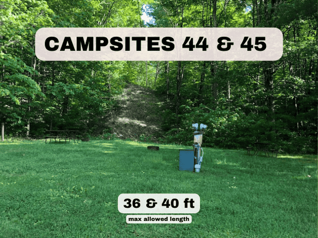 Campsites 44 and 45 at Pine Hollow Campground, featuring wooded RV pads with 36ft and 40ft max allowed lengths