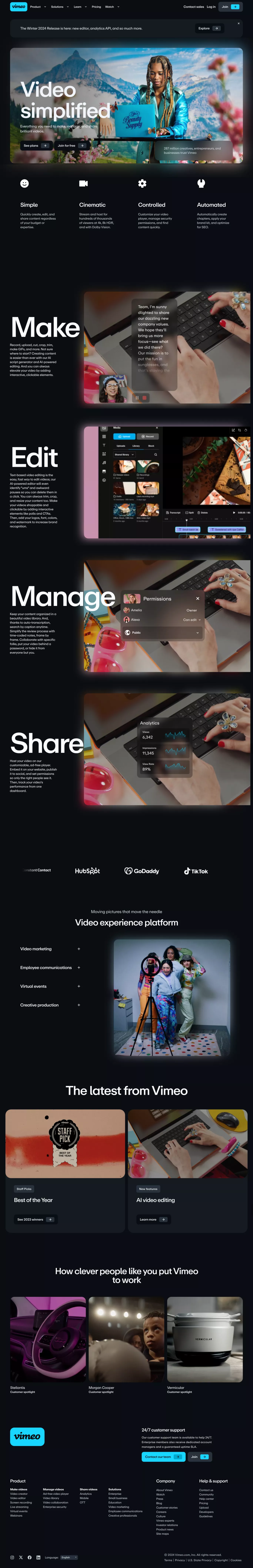 Vimeo - Video Experience Platform with A landing page screenshot showcasing Design and Tech design