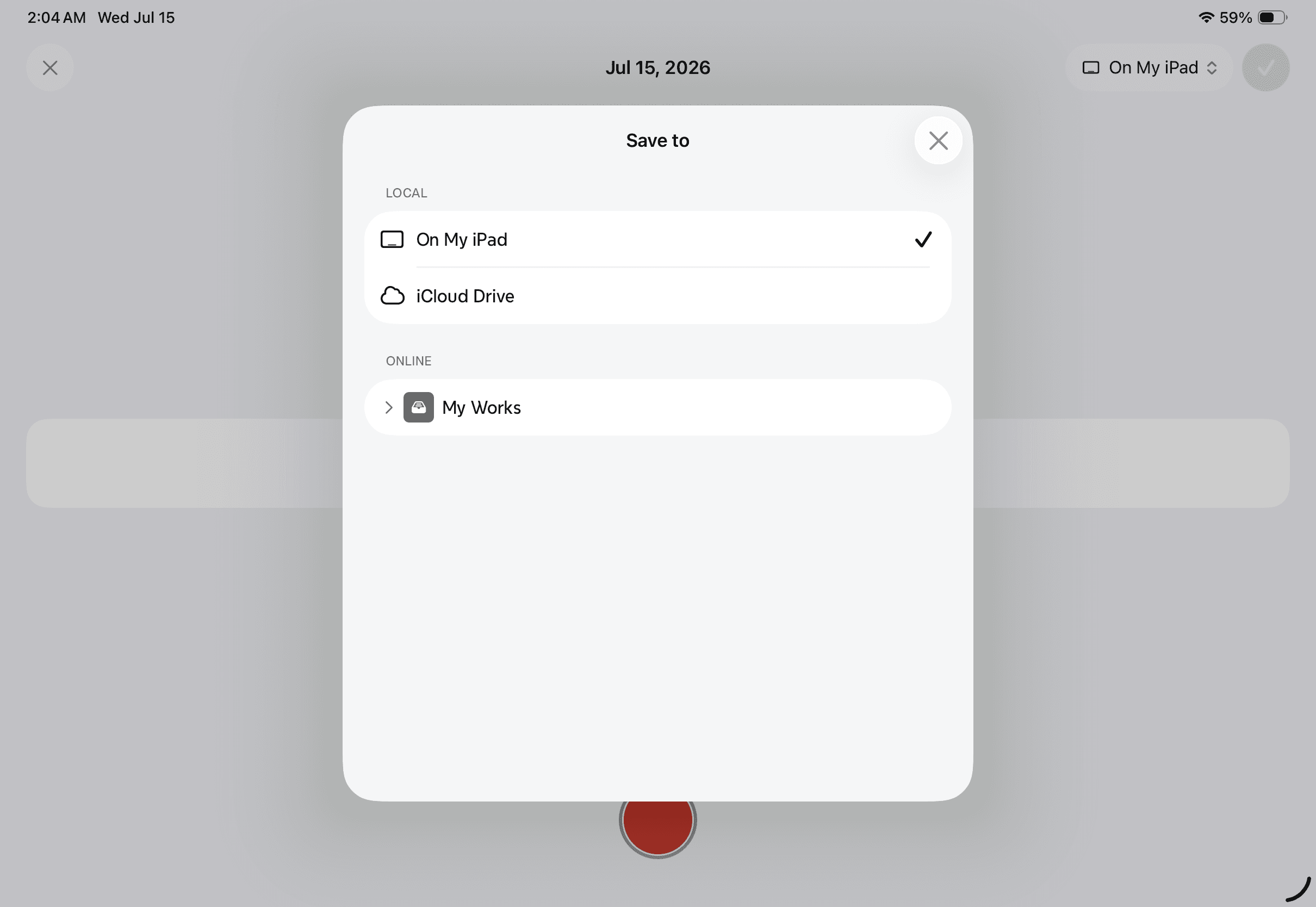 Record to Map recording screen showing the save location selector with local and cloud storage options.