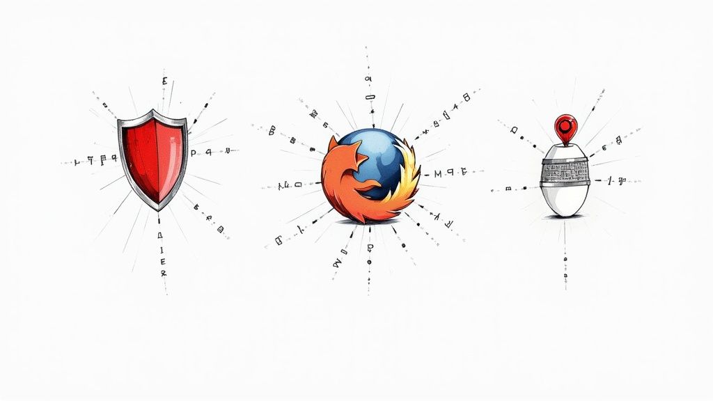 Firefox browser logo with security shield and privacy location pin illustrating web scraping protection