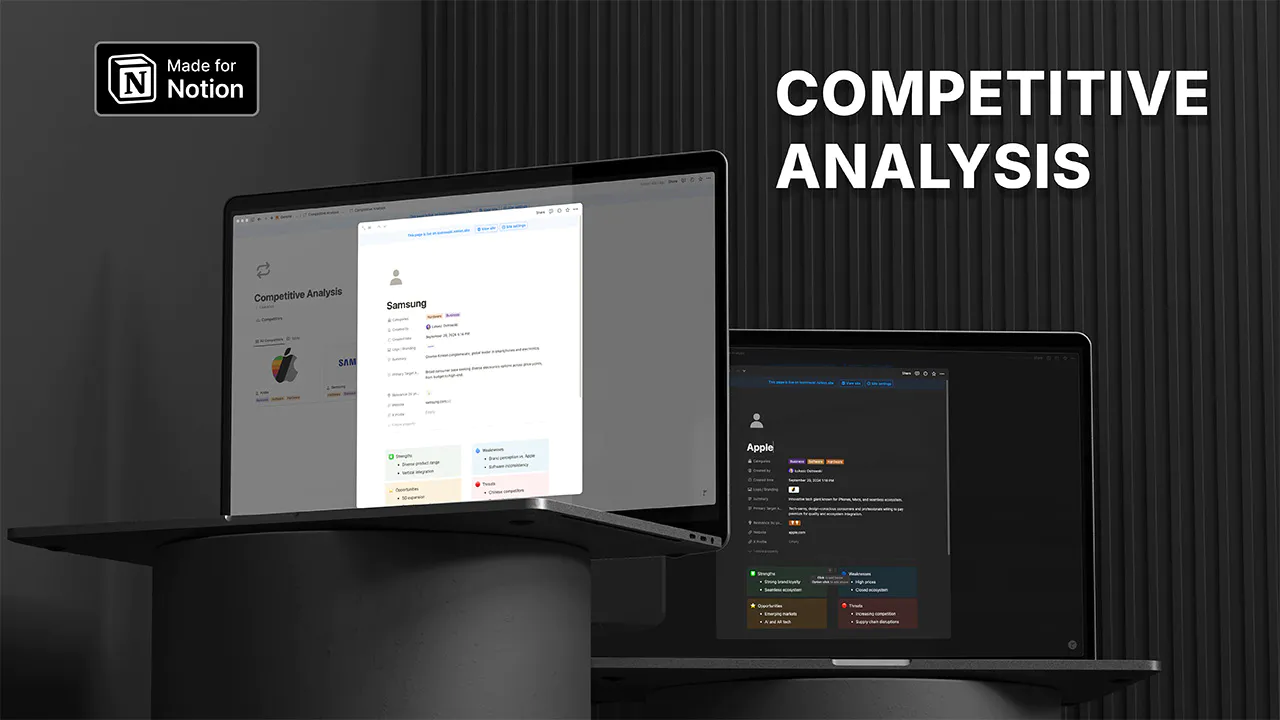 Notion Competitive Analysis Notion workspace on two devices. Left laptop displays Samsung competitor profile in light mode, while right device shows Apple profile in dark mode. Both screens showcase SWOT analysis and key details. Made for Notion logo in top-left corner. Illustrates versatile viewing options and cross-device functionality of Lucas Ostrowski's template for efficient market research and business intelligence