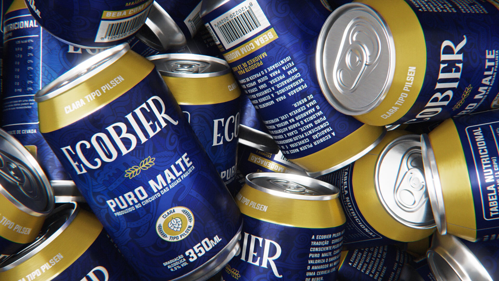 Dynamic 3D composition of several Ecobier beer cans piled together, focusing on depth of field and realistic lighting effects.