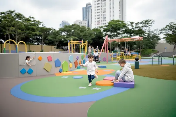 感官牆與踏石讓幼童探索,平緩路徑可達互動點