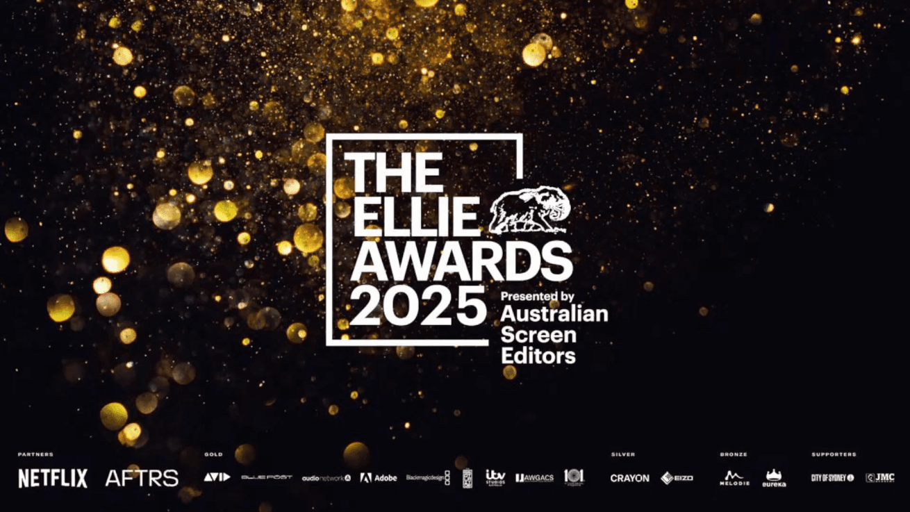 A broadcast title card with gold sparkles behind the logo of the Ellie Awards 2025. A row of sponsor logos runs across the bottom.