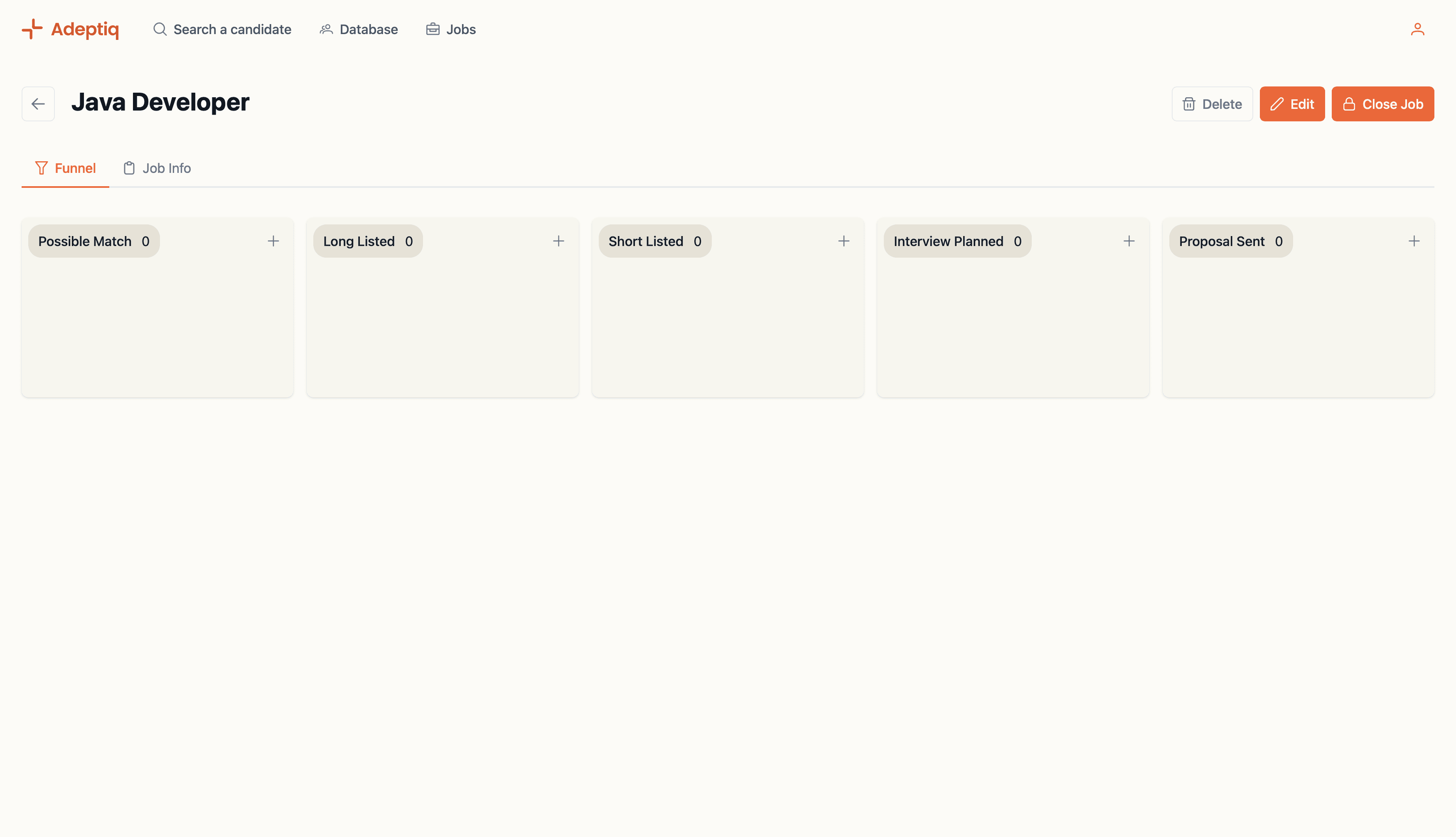 Screenshot of an empty job funnel in Adeptiq