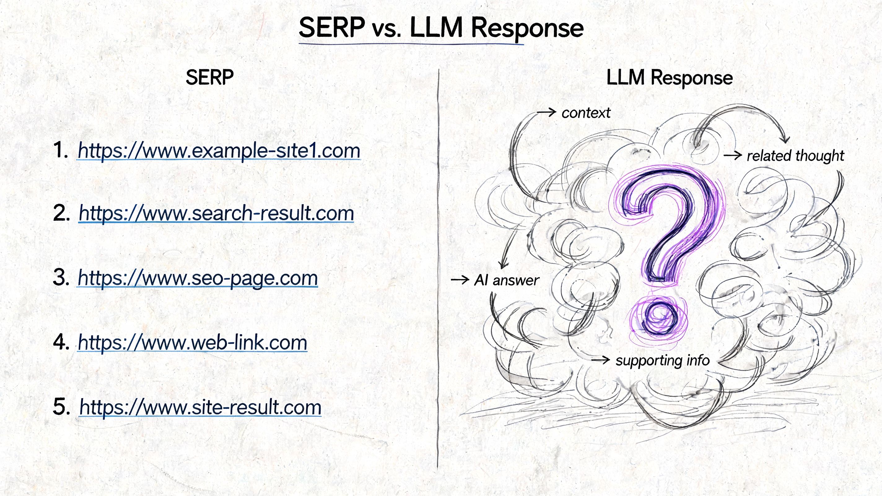 A diagram comparing search engine results pages with a list of links against AI LLM responses.