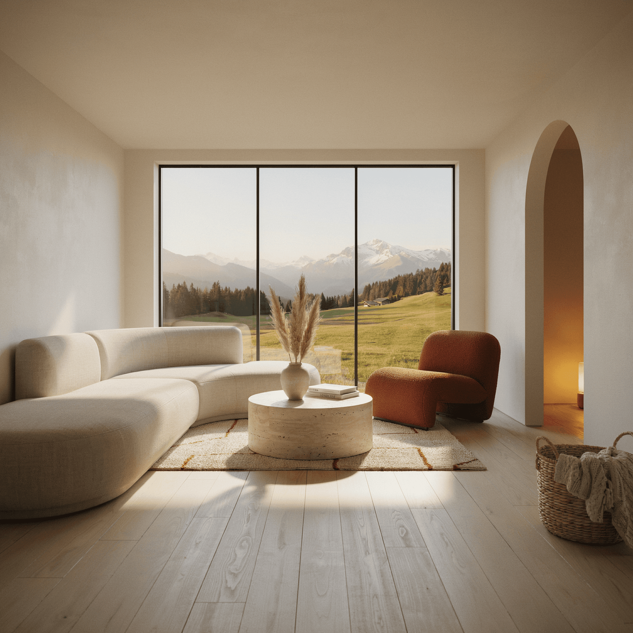 Contemporary alpine living room with cream sofa, natural wood coffee table, and snow-capped mountain views at dusk