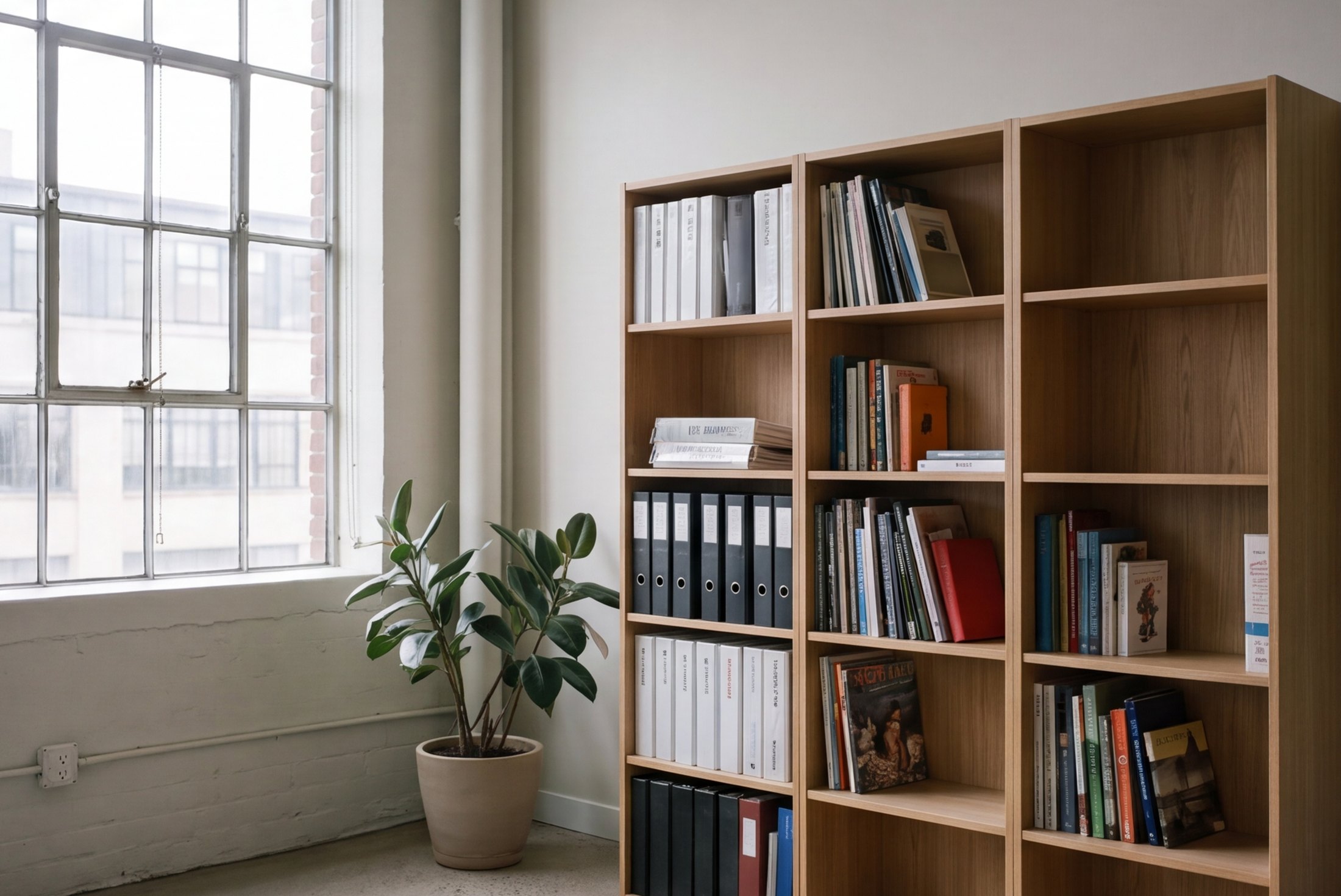 A corner of the Whitfield office with a bookshelf and a plant