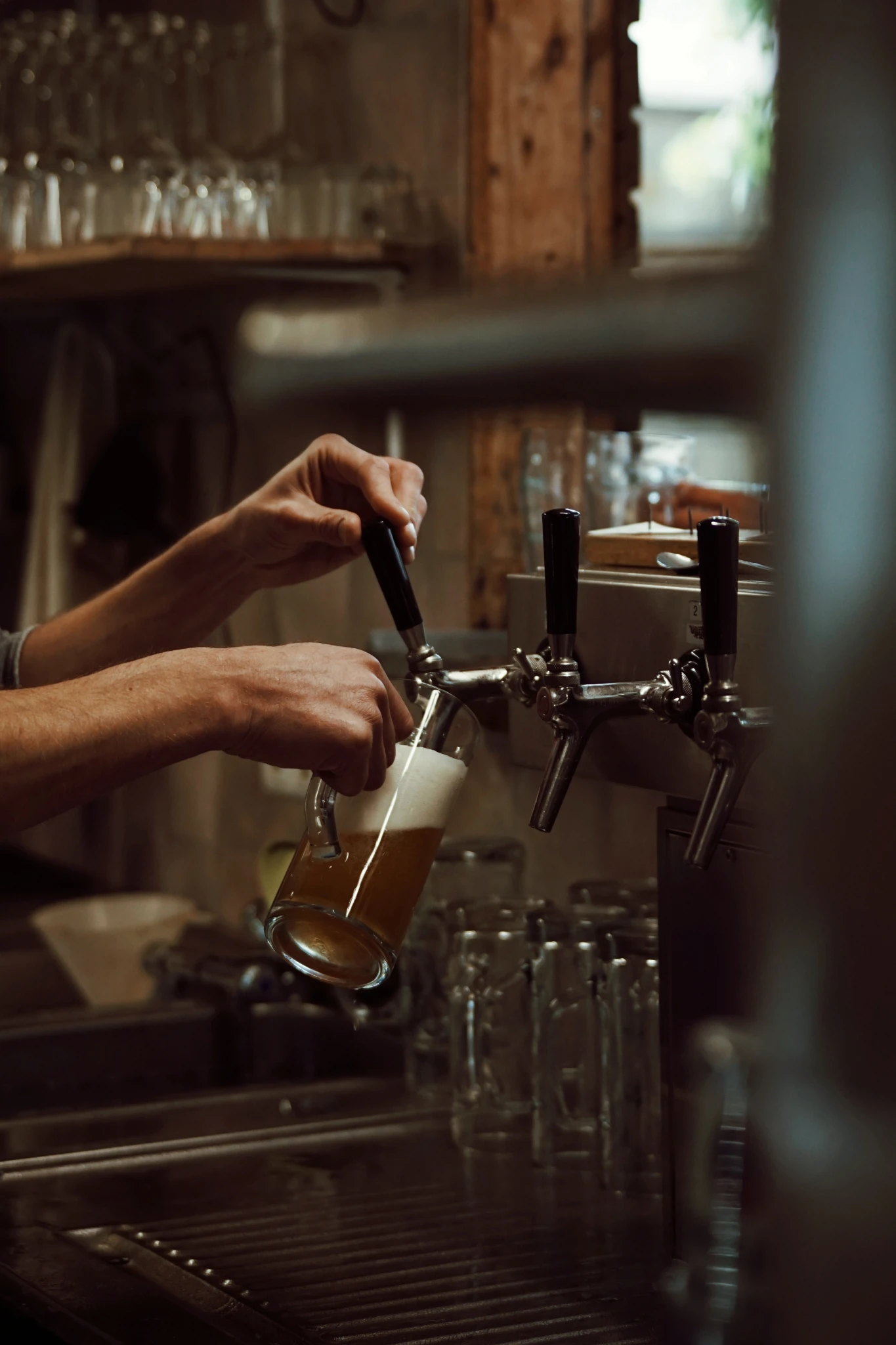 Person zapft Bier aus Zapfhahn in Bierglas mit "Goldene Gans" Logo