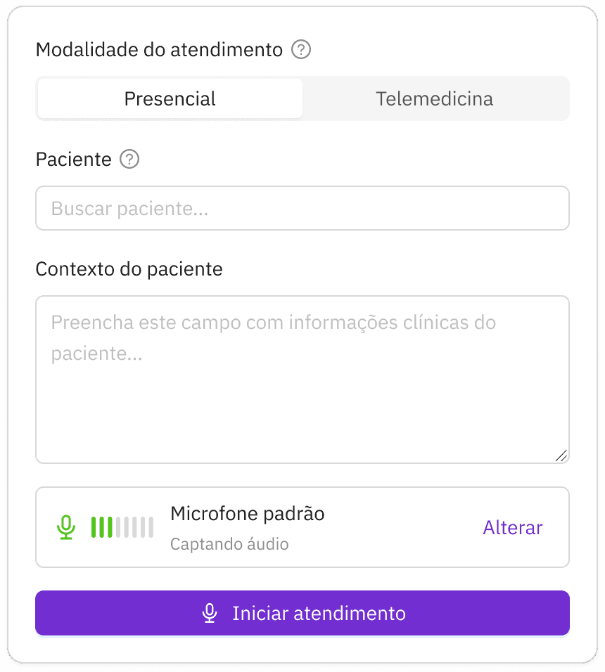 Modal de configuração prévia do atendimento na Voa