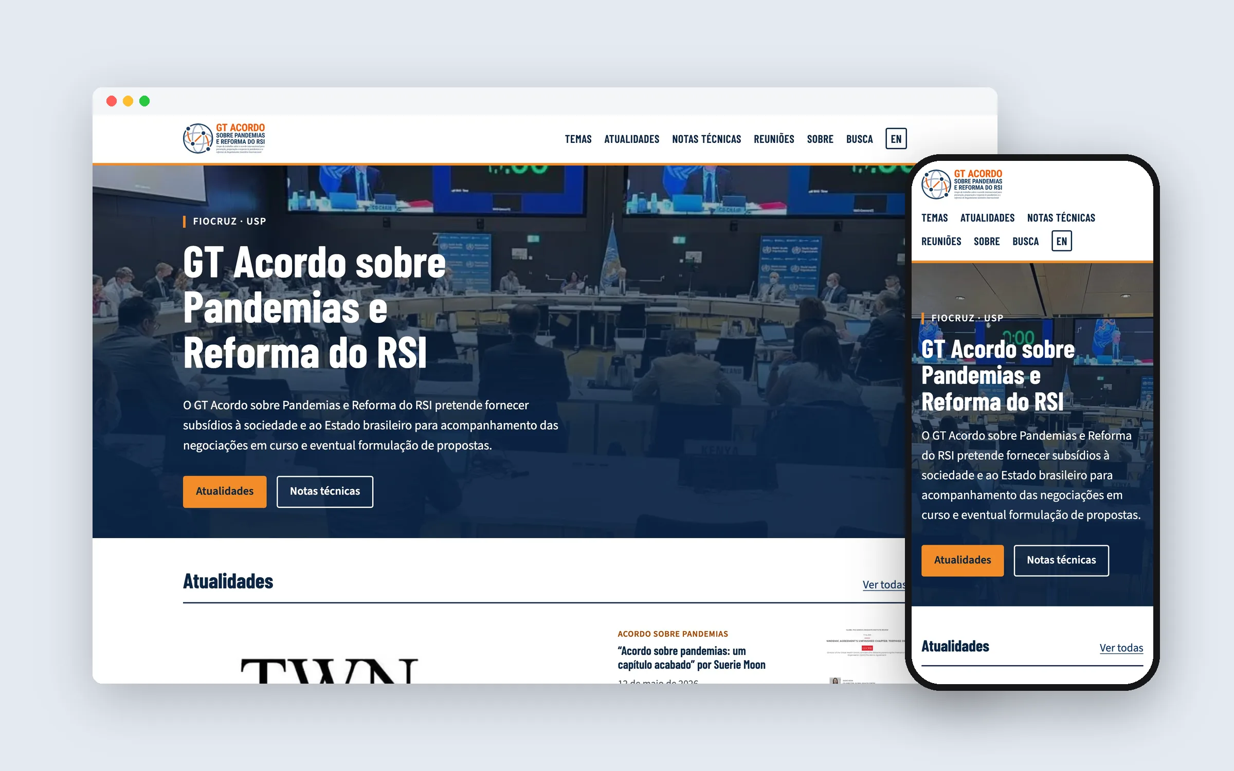 Página inicial do site do GT Acordo sobre Pandemias e Reforma do RSI no computador e no celular