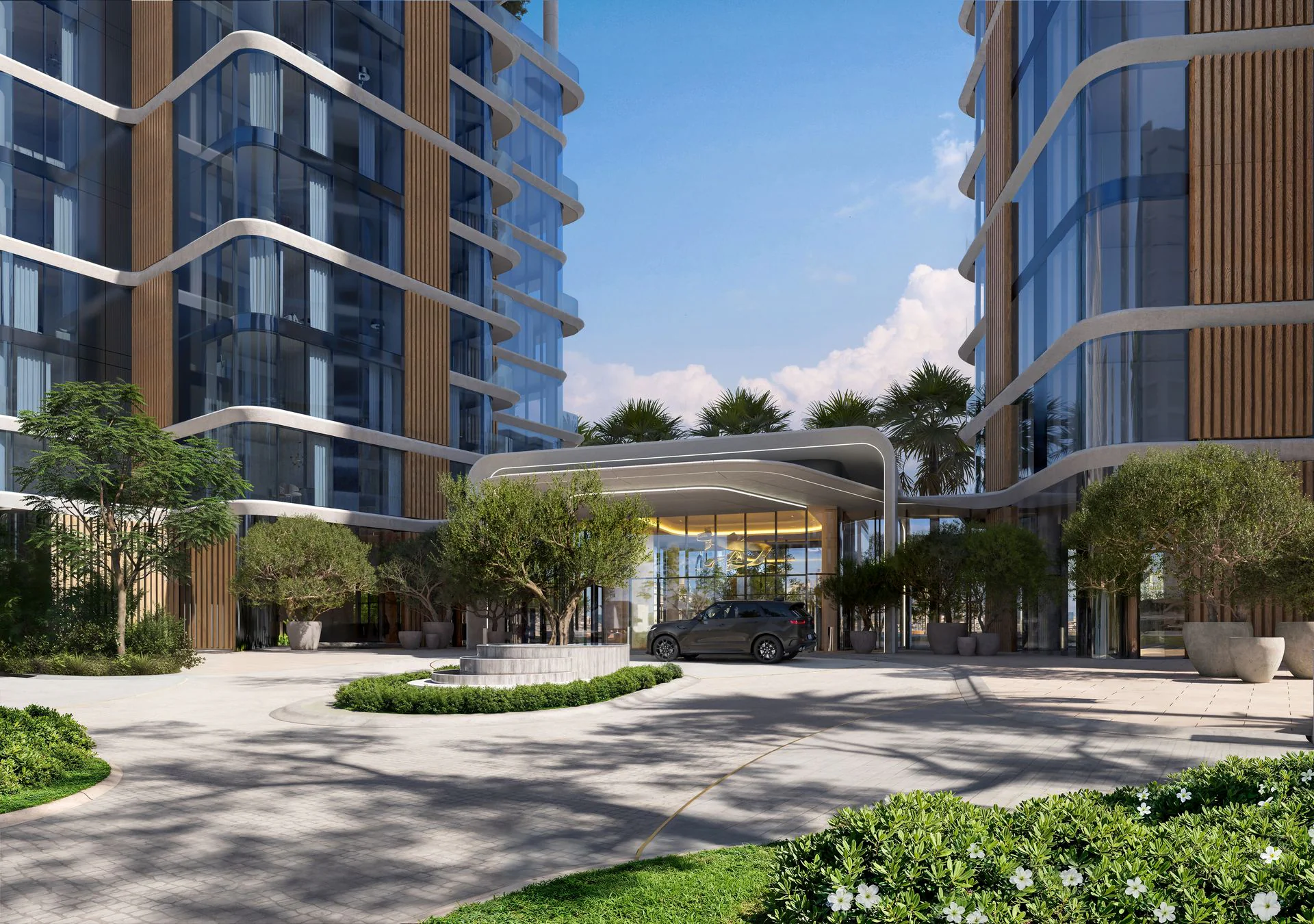 A view of beachfront apartments at the bay, showcasing contemporary design and proximity to the sandy shore.