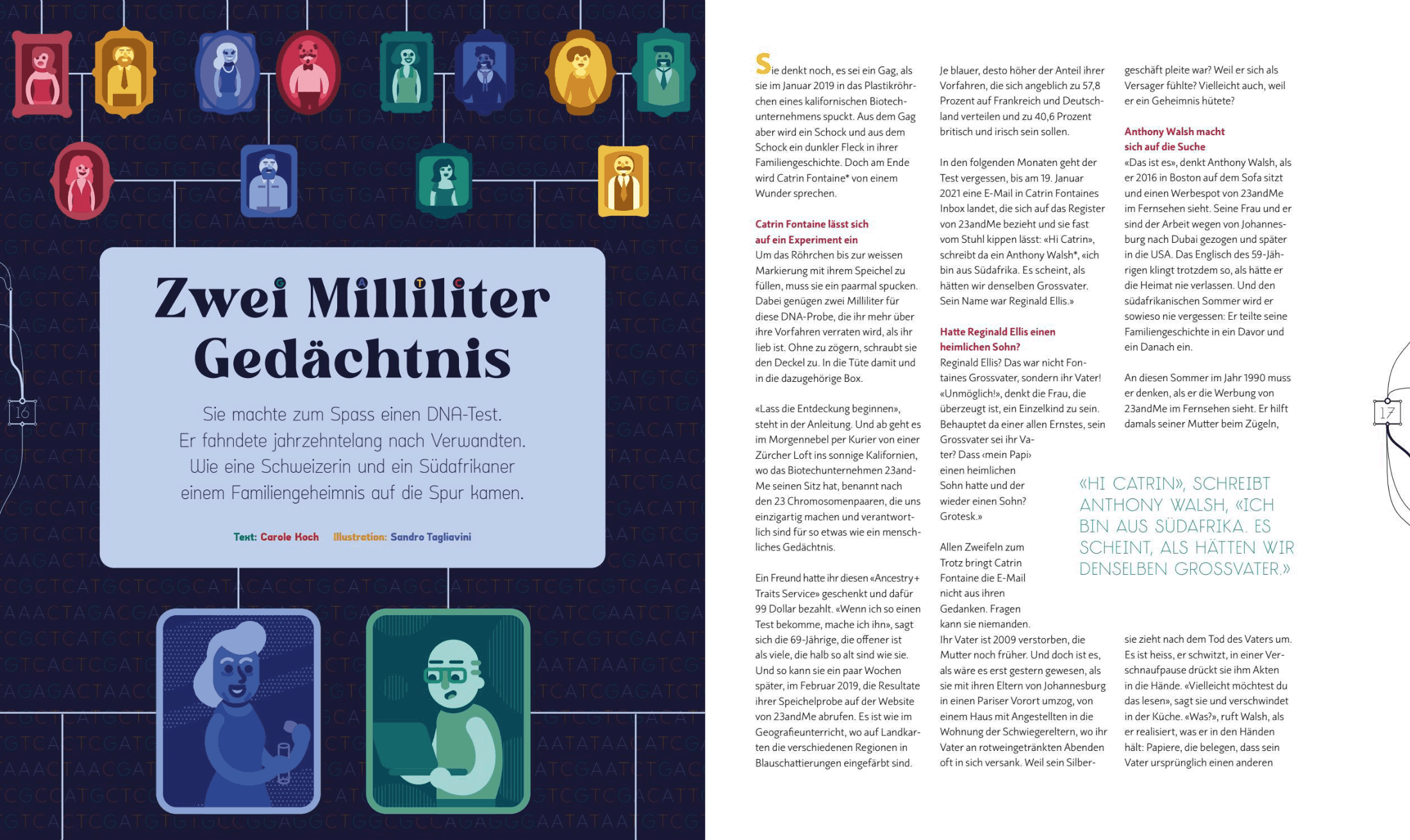 Magazine illustration depicting the genealogy of someone of two people. Simple vector illustrations with a pattern of the genetic code in the background.