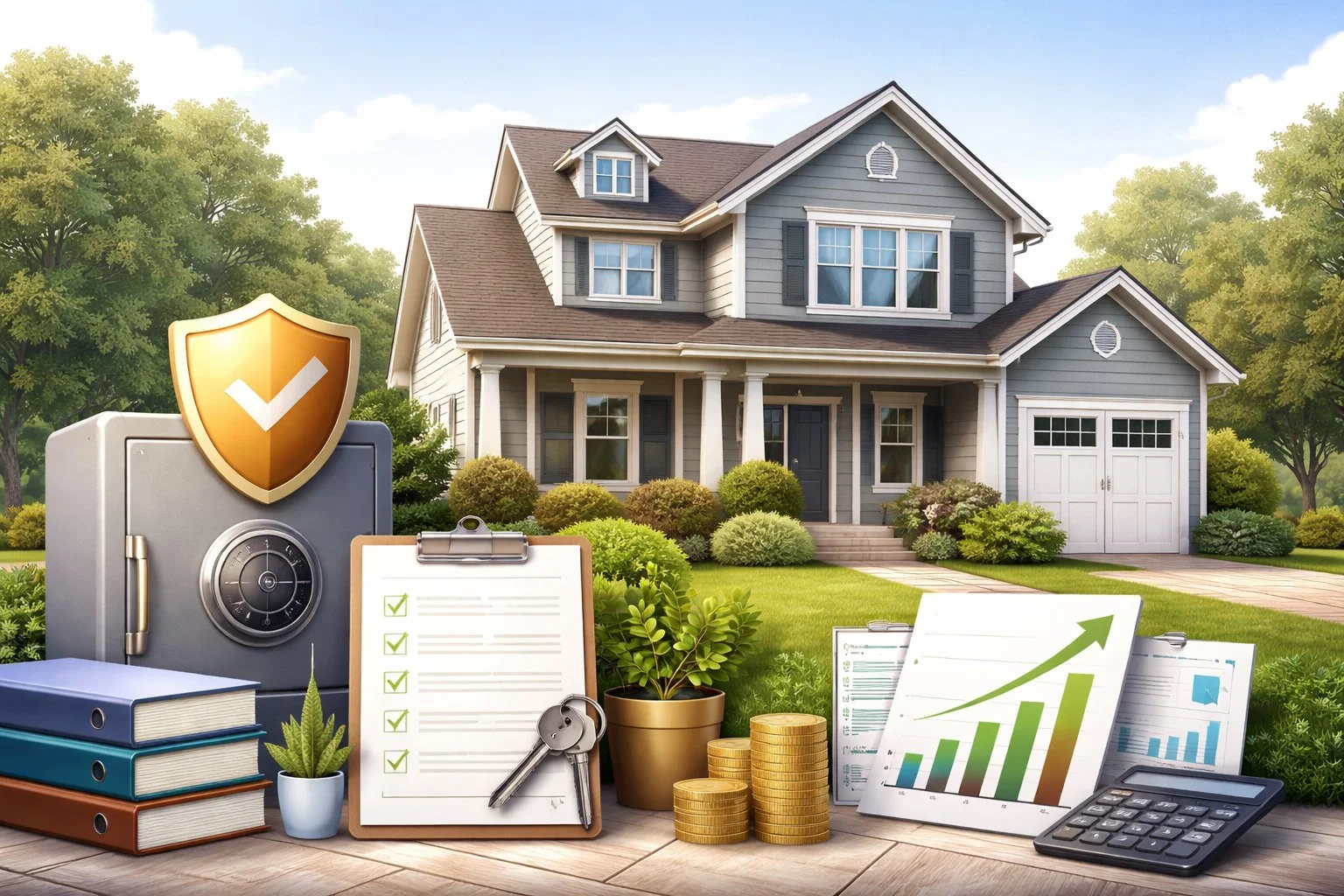 Well-maintained residential property surrounded by trust symbols, including a locked safe, organized paperwork, and growth graphs, suggesting responsible ownership.