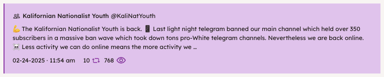 A screenshot from the Open Measures platform showing a message sent in the Kalifornian Nationalist Youth Telegram channel.