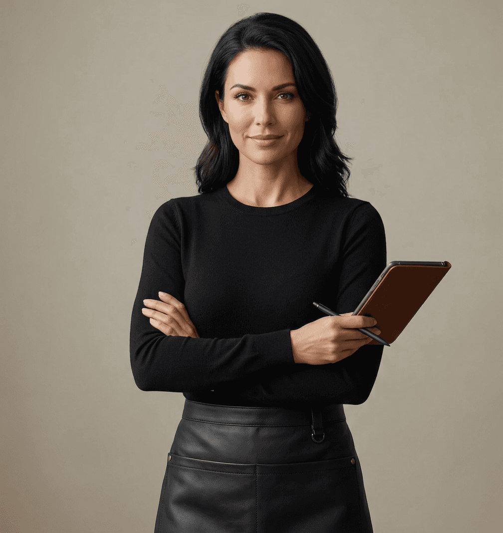 Close-up portrait of a blonde woman in translucent pink glasses and a white shirt on a soft blue background.