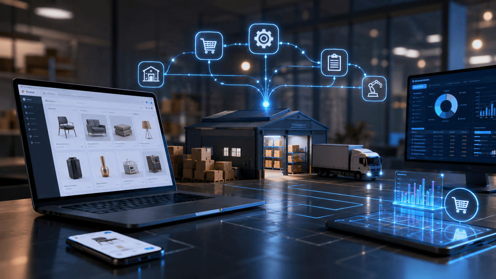 Renderização 3D realista de um ambiente corporativo moderno com foco em vendas B2B digitais. Em primeiro plano, uma mesa tecnológica com notebook exibindo um portal de pedidos online, smartphone conectado e dashboards de métricas. Ao centro, um pequeno centro de distribuição automatizado com caixas organizadas e caminhão de entrega, representando operação logística integrada. Elementos holográficos conectam ícones de ERP, automação, pedidos, estoque e processamento, indicando fluxo automatizado de vendas e integração entre sistemas. O cenário transmite funcionamento contínuo do canal digital sem presença humana ativa, com iluminação azulada e atmosfera tecnológica profissional.