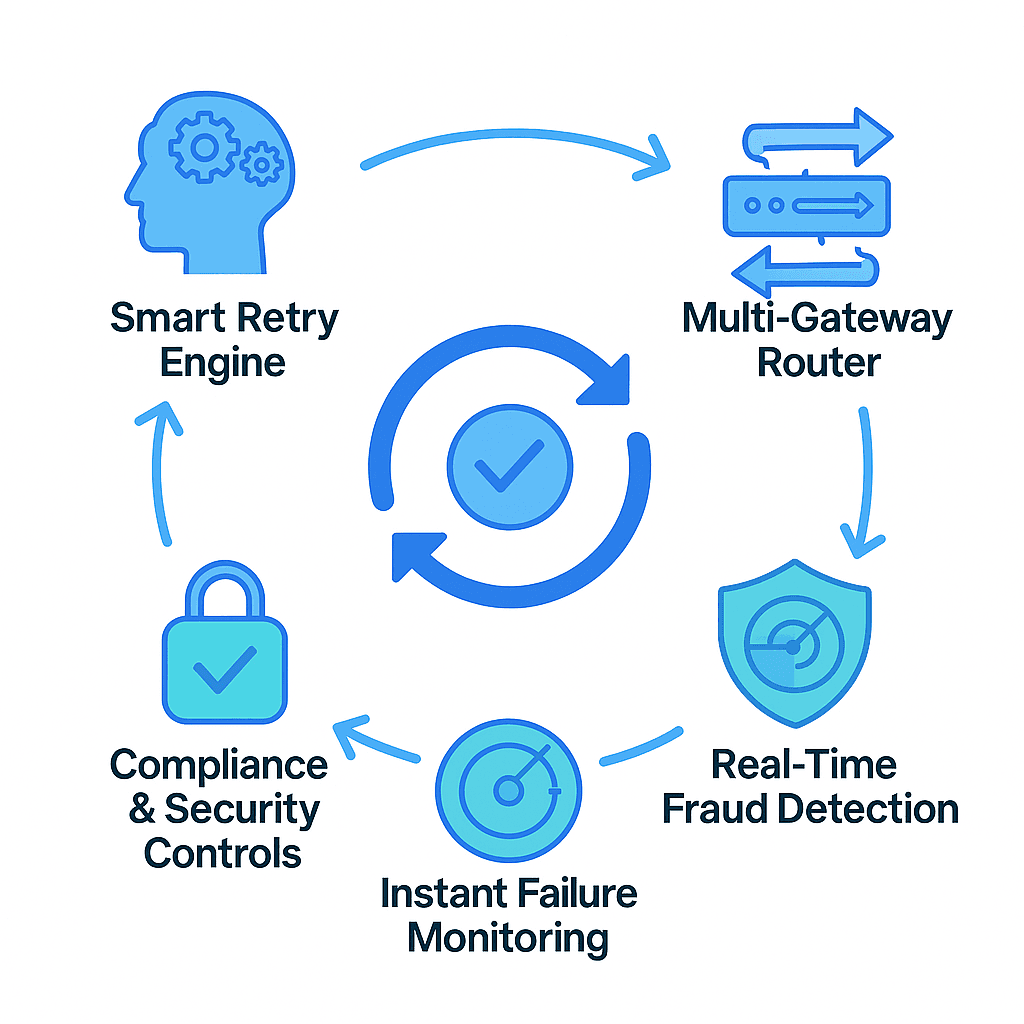 Circular diagram linking smart retries, gateway routing, fraud checks, monitoring, and compliance in a recovery loop