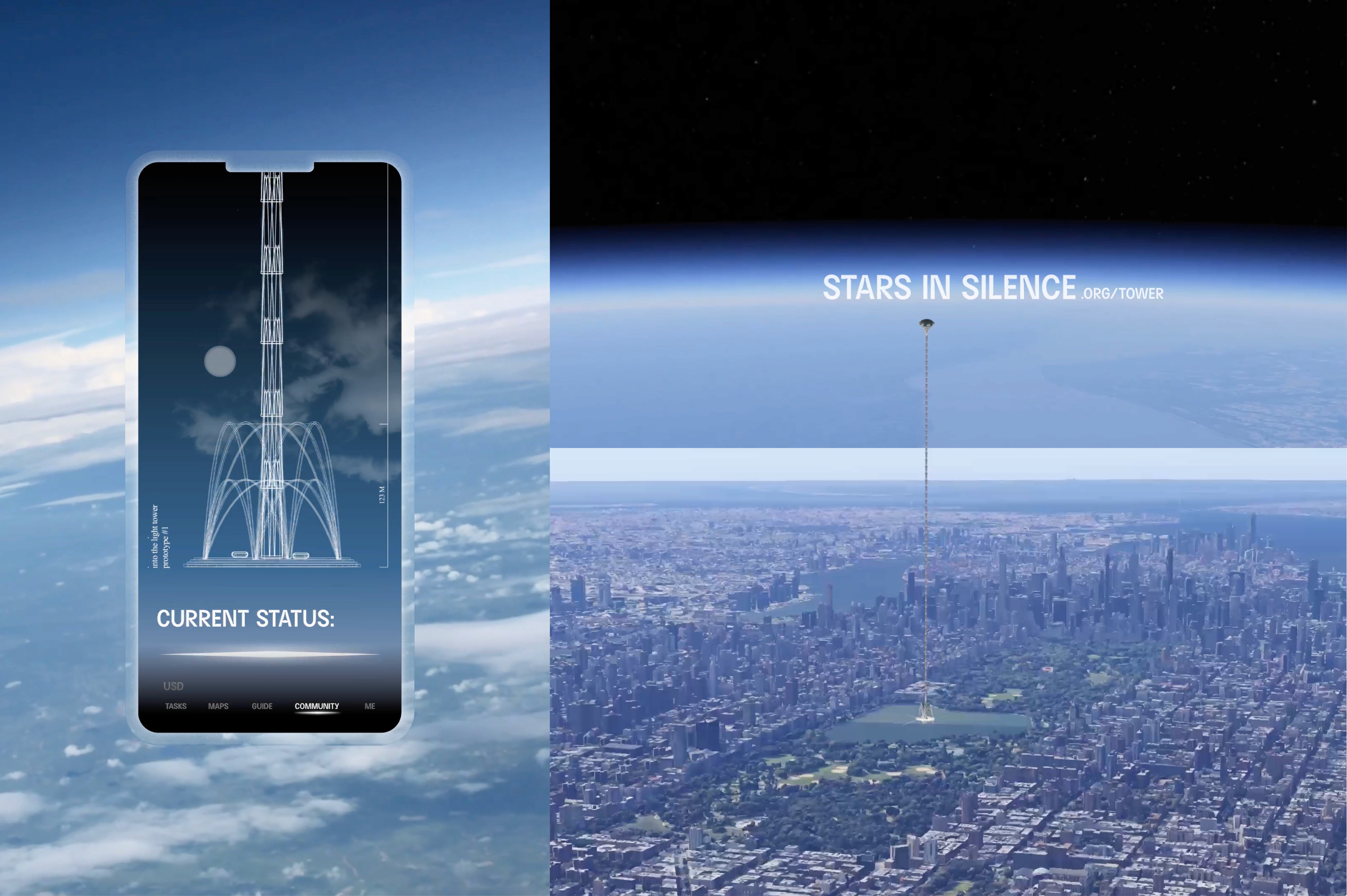 A smartphone displays a graphic titled “CURRENT STATUS:” showing a tall tower structure against a night sky with a moon and clouds. The phone’s screen also shows “USD” and “TASKS” at the bottom. Below the phone, a panoramic aerial view of a city is visible, with the title “STARS IN SILENCE: ORG/TOWER” at the top.