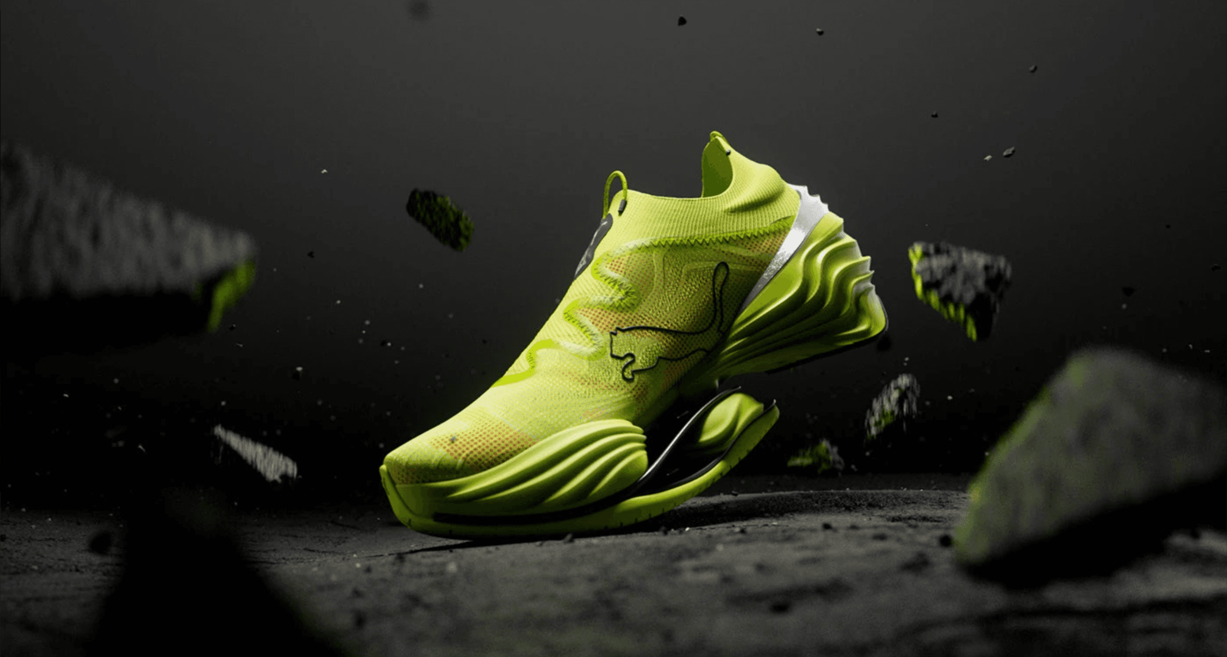 Silhouette of a person with a camera walking towards vibrant orange light under dim blue streetlights on a misty road at night. Mysterious and atmospheric.