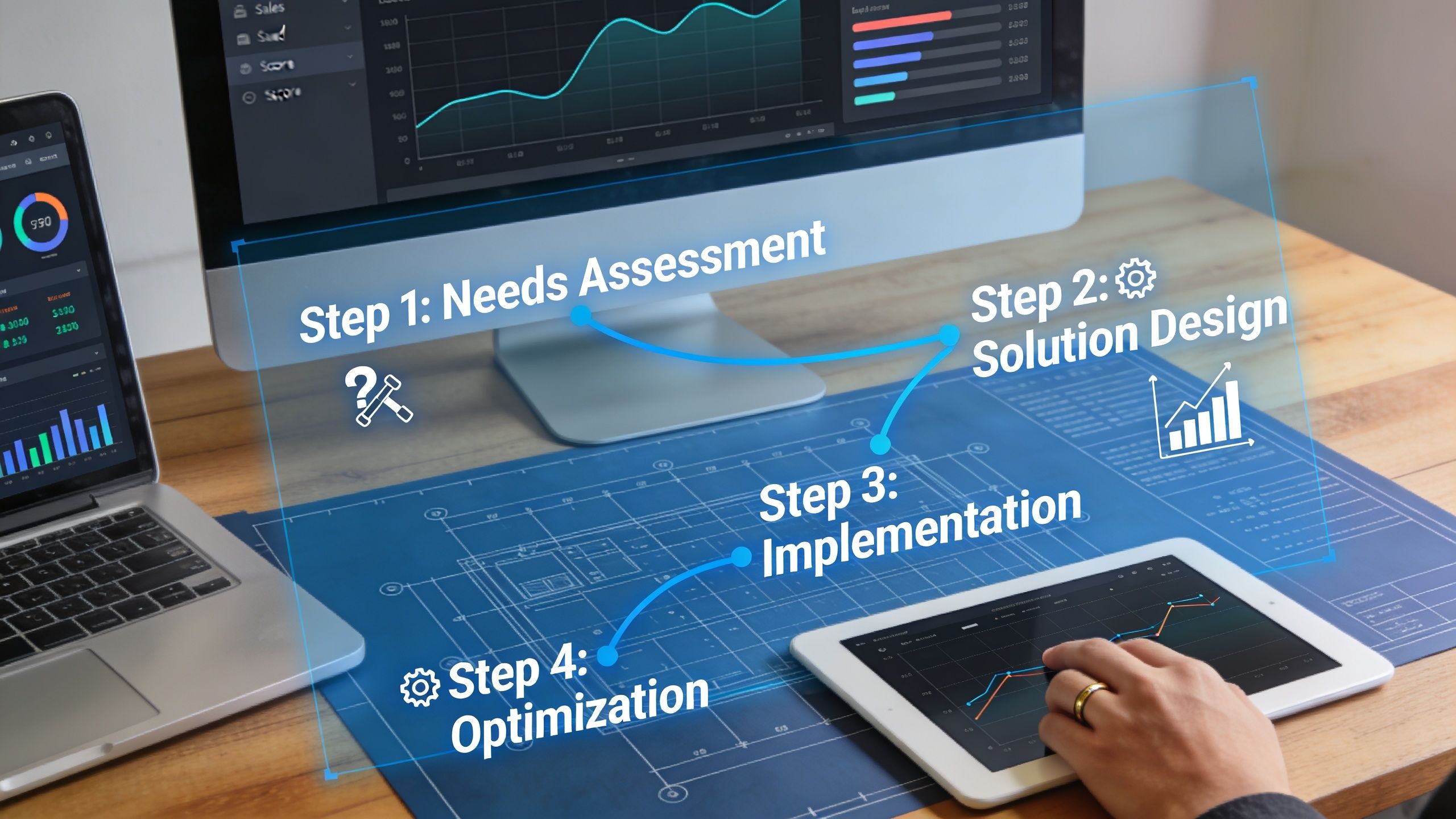 A digital overlay graphic showing a four-step business process over a desk with multiple computer monitors.