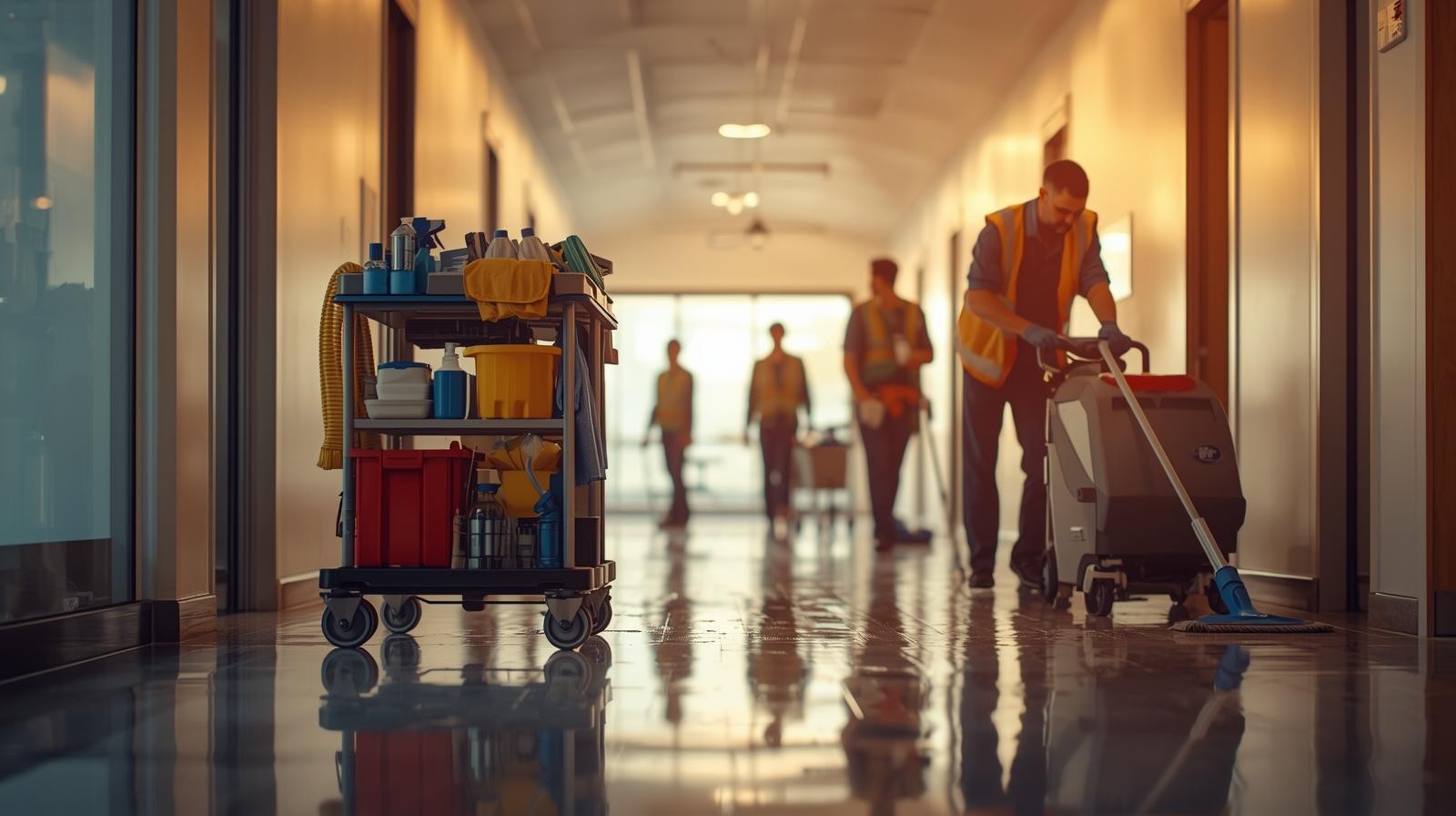 Janitorial worker mopping an office floor, showing professional cleaning procedures.
