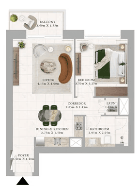 Floor plan of a one-bedroom apartment at Address Residences, showcasing room layout and dimensions.