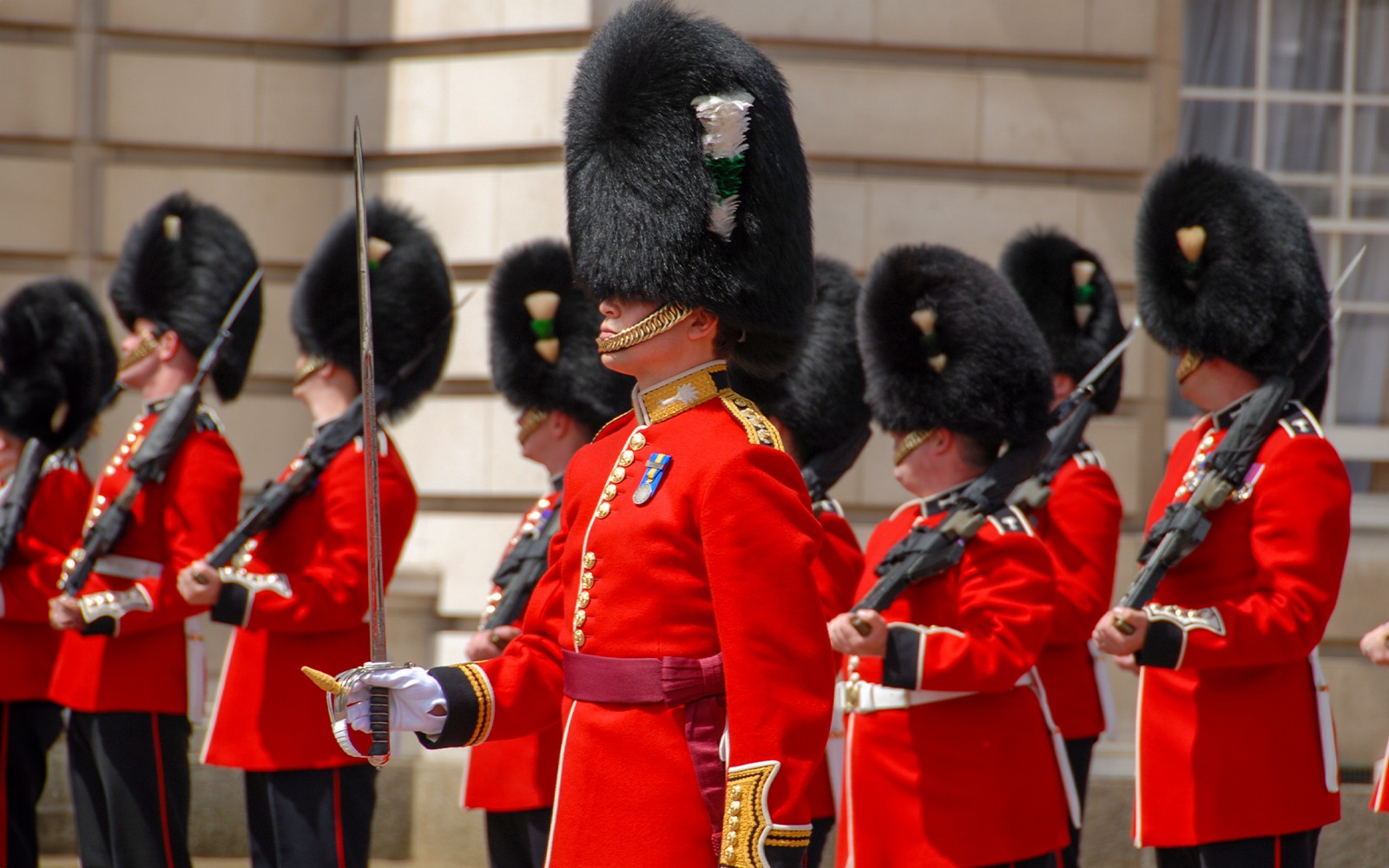 שומרים במדי אדום עם כובעי פרווה בטקס בארמון בקינגהאם.