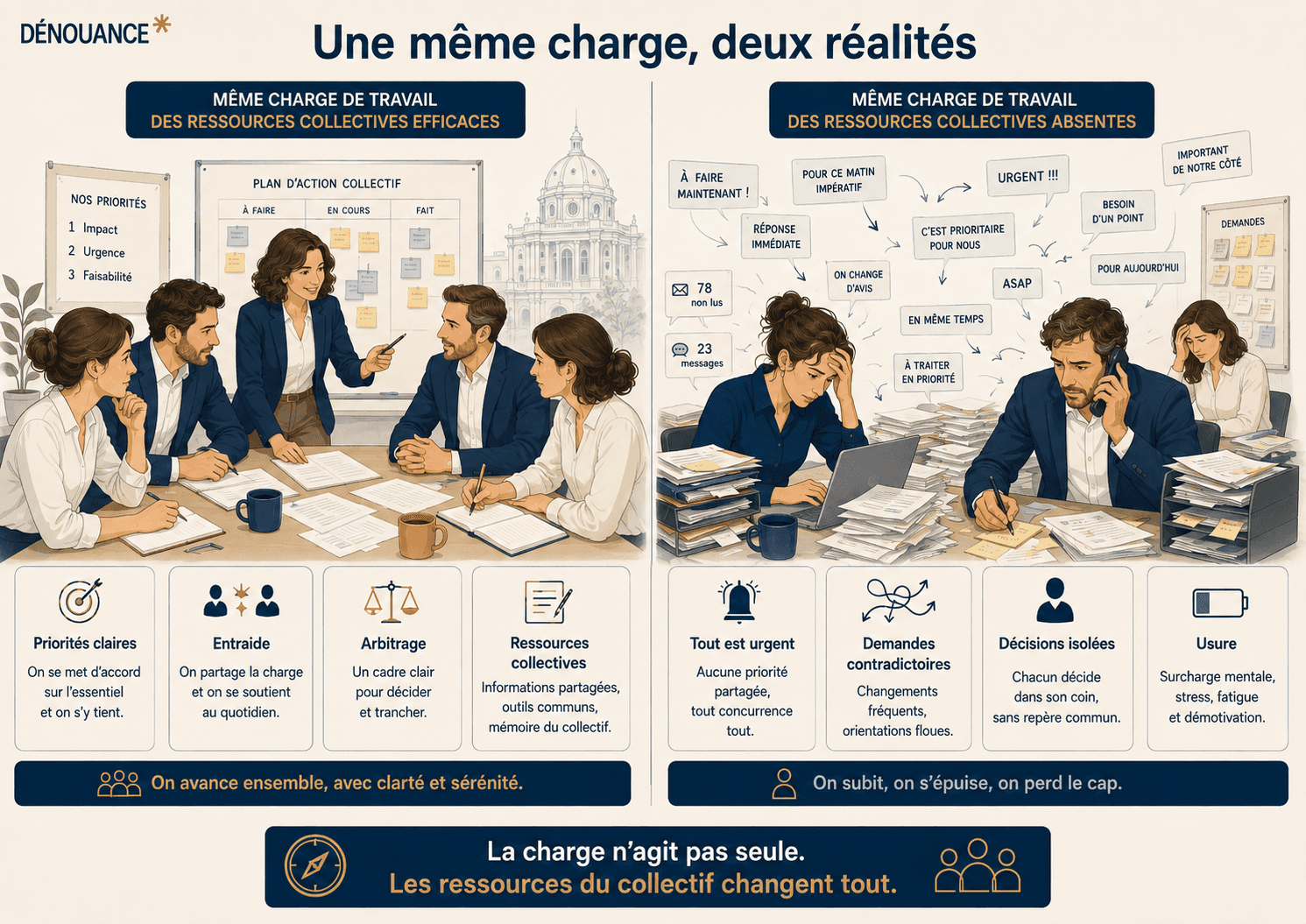 Comparaison de deux équipes soumises à une même charge de travail avec ou sans ressources collectives pour la réguler.