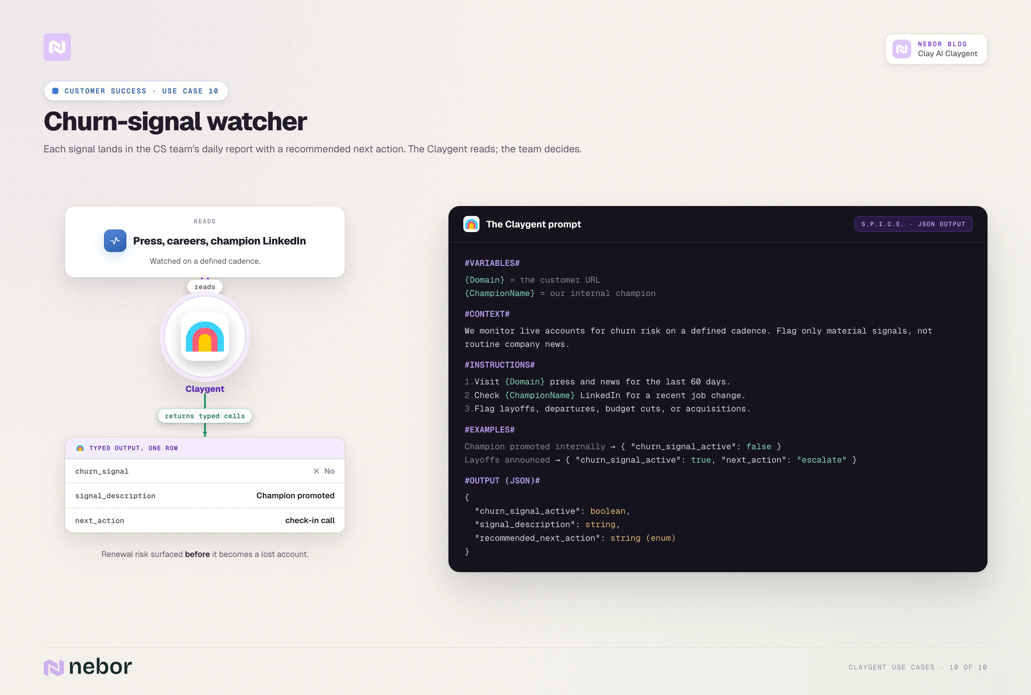 Churn-signal watcher: A Claygent that watches press, careers, and a champion's LinkedIn and returns a churn signal flag, a description, and a recommended next action for the CS team.