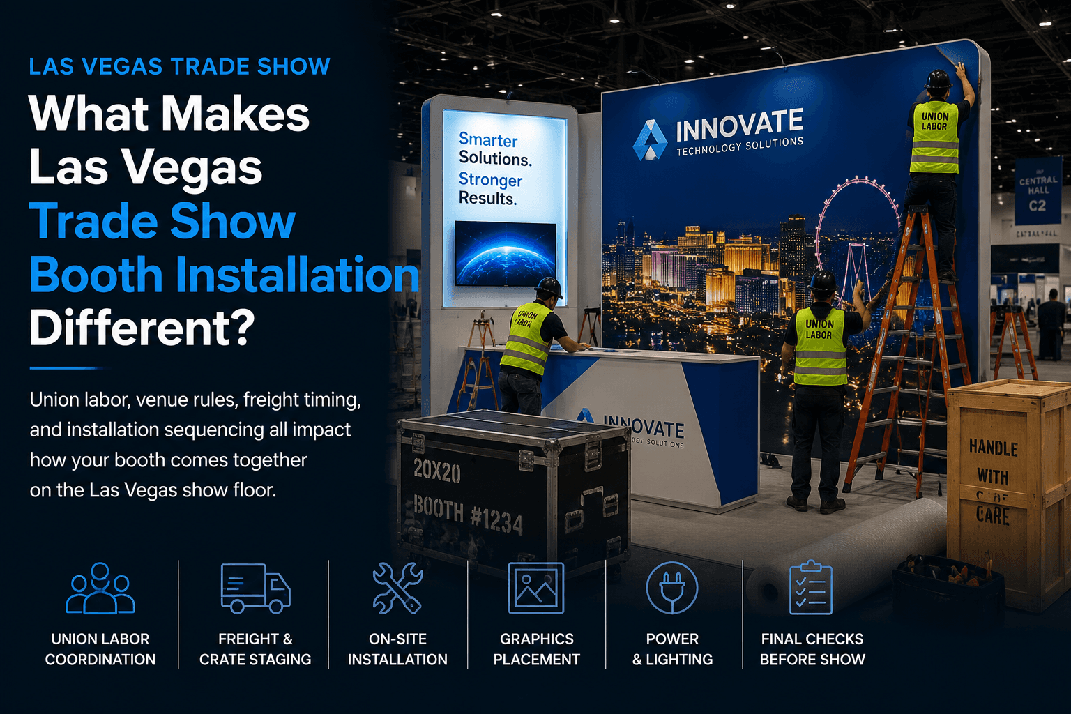 Las Vegas trade show booth installation with union labor coordination, crate staging, graphics placement, power access, demo counter setup, and dismantle planning