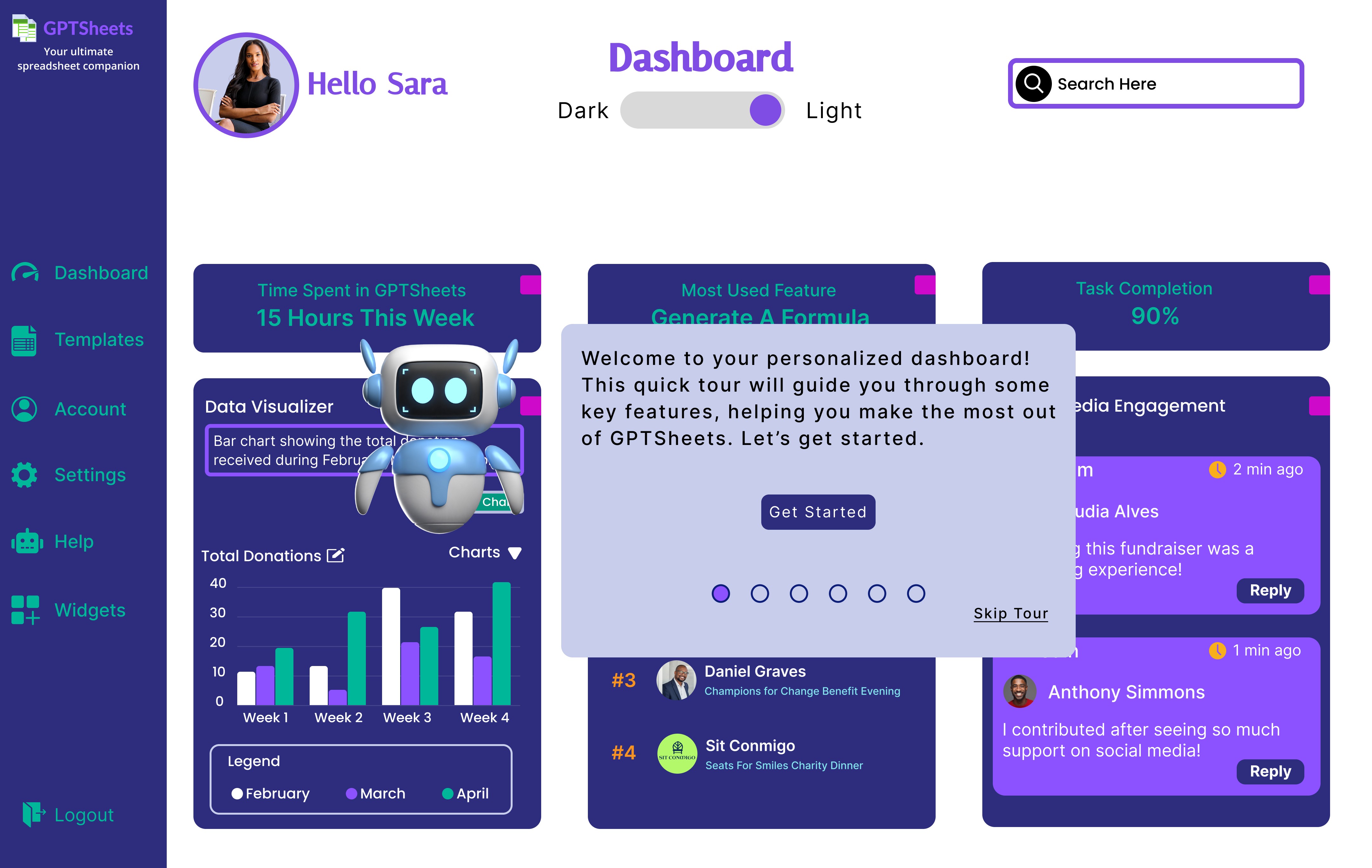 Dashboard view with a chatbot assistant overlay guiding the user through key features.