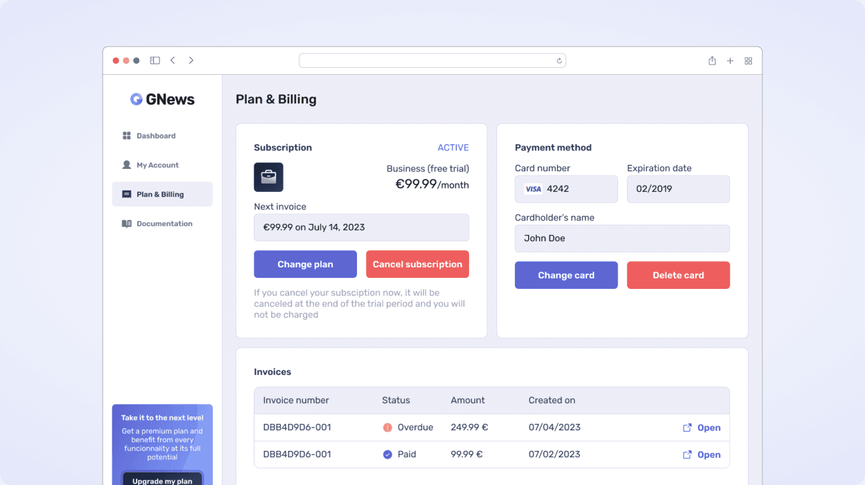Capture d'écran de la page de facturation du dashboard Gnews